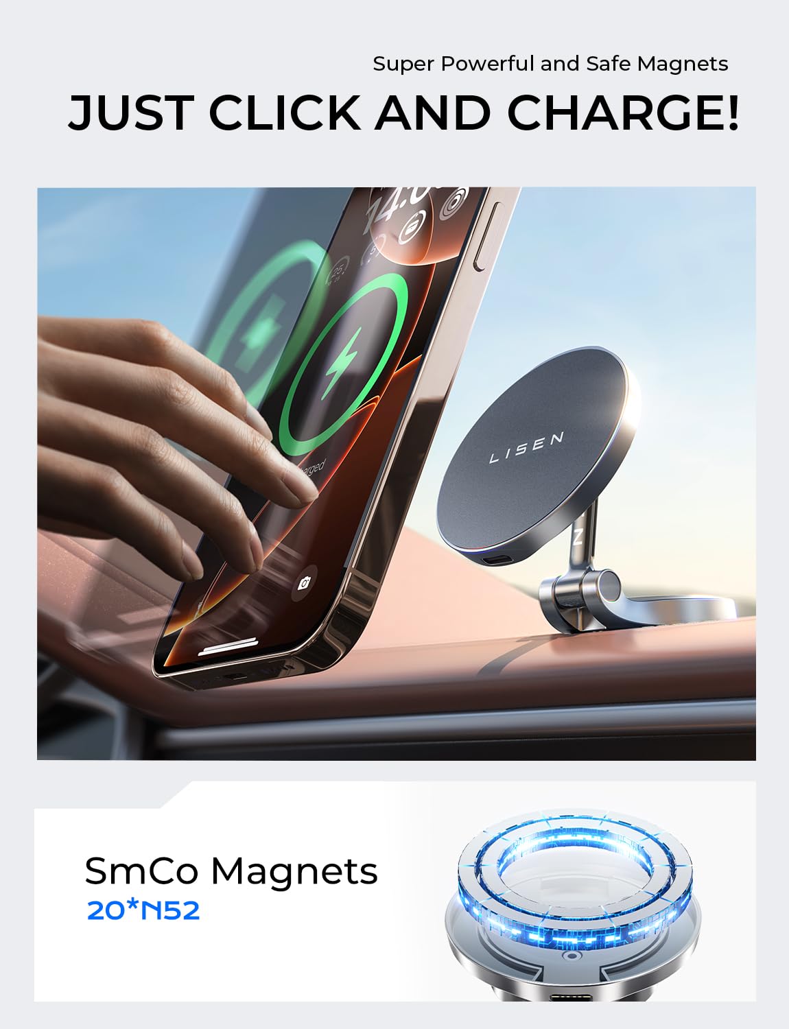 Lisen For Magsafe Car Mount Charger, [Upgrade Set] 360 Rotation Wireless Magsafe Car Charger, Foldable Car Phone Holder Dashboar