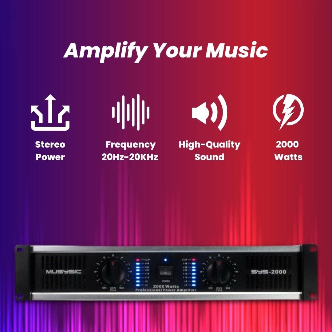Musysic Sys 2000 High Power Amplifier   Dual Channel 2000 Watts Peak Output For Distortion Free And Clear Sound 2U Chassis Profe