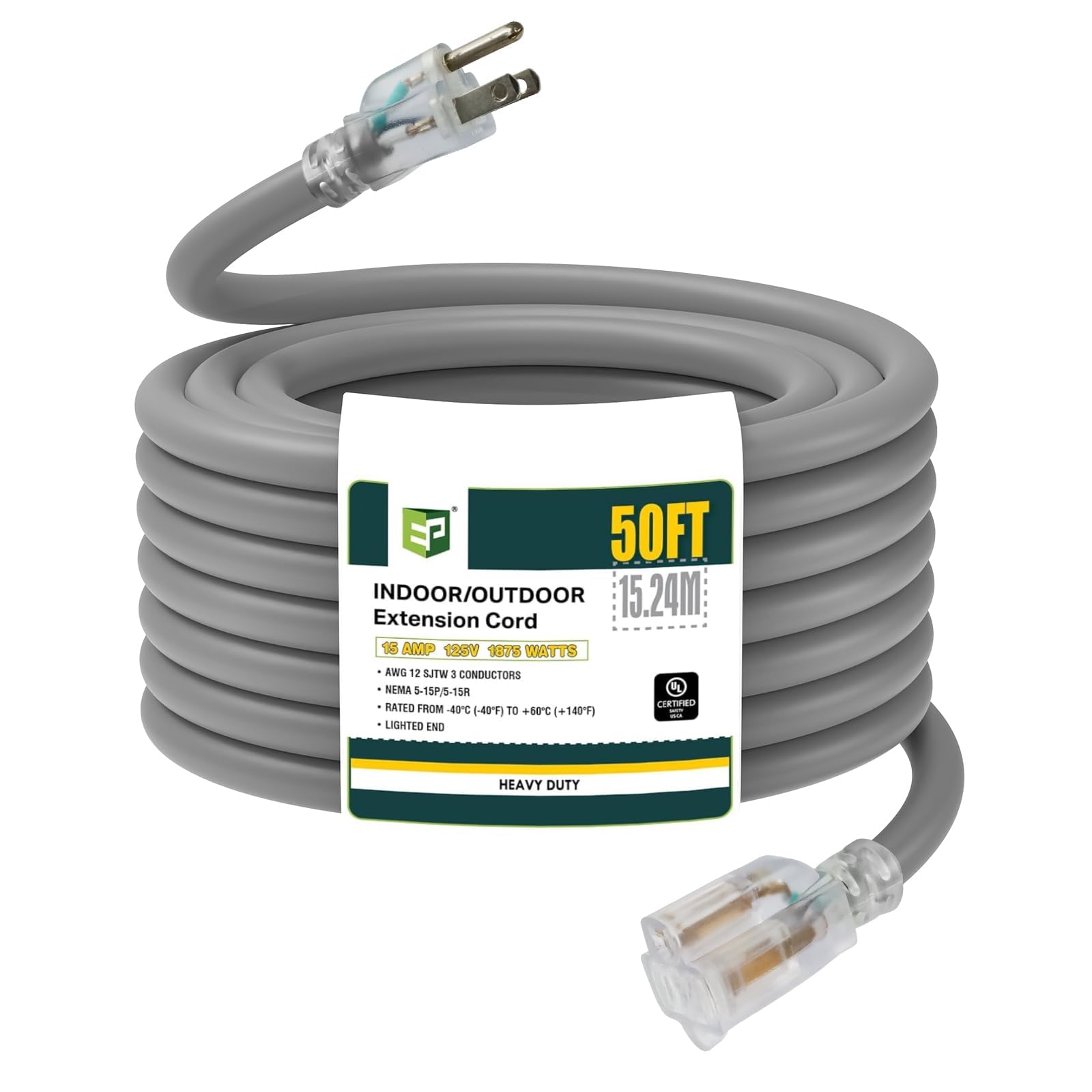 Ep 50 Ft Lighted Outdoor Extension Cord   12/3 Sjtw Heavy Duty Grey Extension Cable With 3 Prong Grounded Plug   Power Cord For