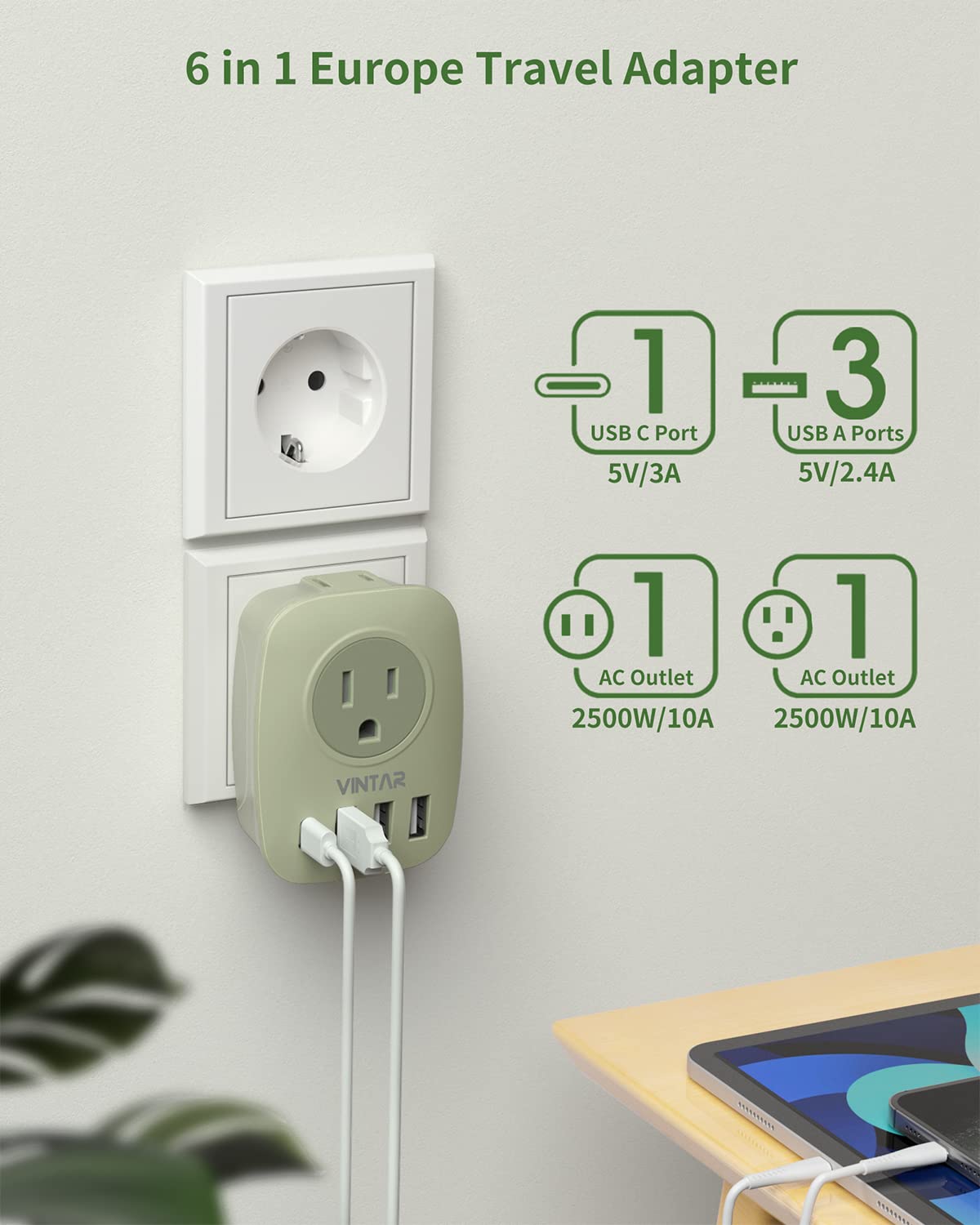 European Travel Plug Adapter,Vintar International Power Plug Adapter With 1 Usb C, 3 Usb A Ports And 2 Us Outlets,6 In 1 Type C