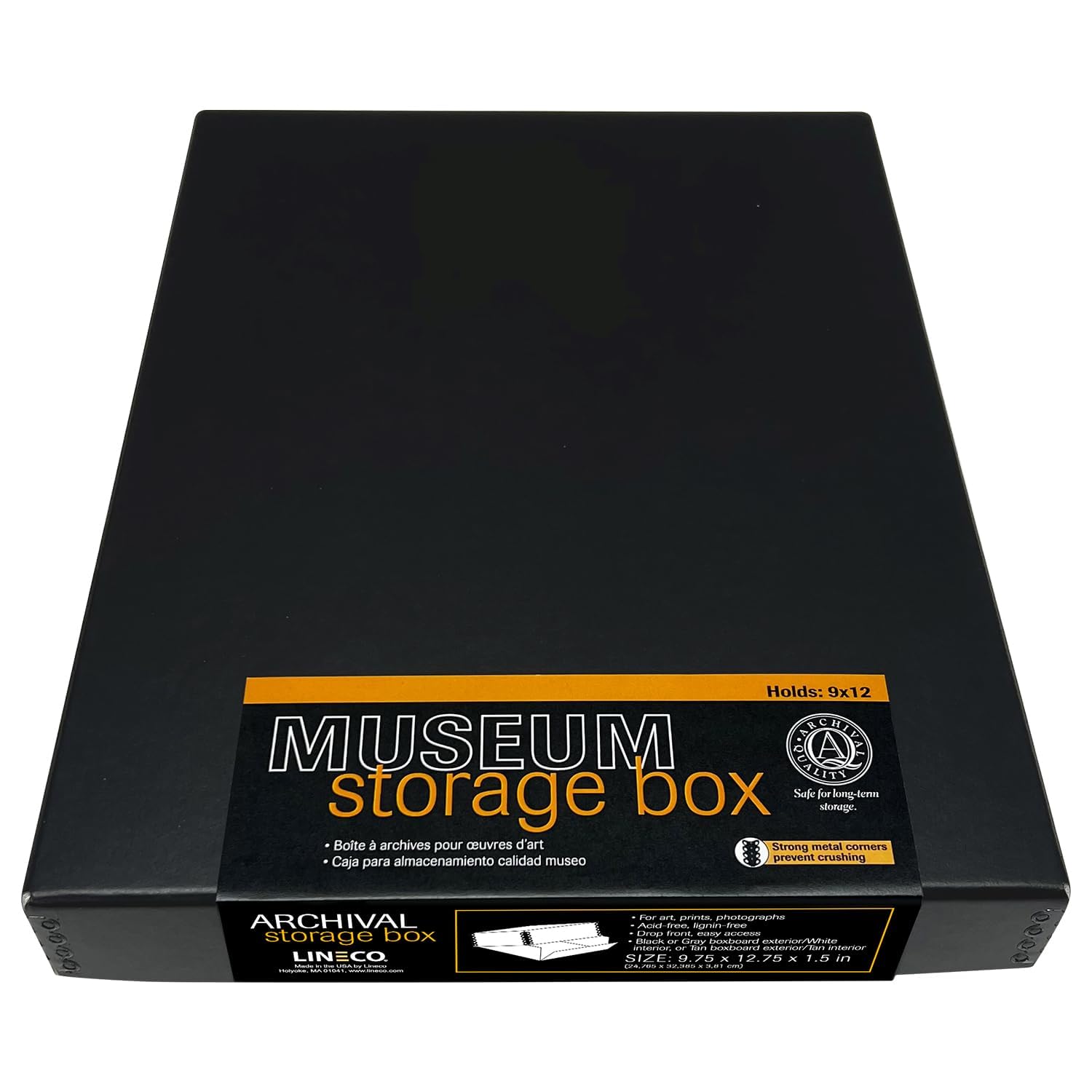 Lineco Museum Archival Storage Box, 9.75X12.75X1.5 In. Drop Front Design. Acid Free With Metal Edge. Organize Photos, Pictures, Prints, Documents, Crafts, Diy. Black, 1 Pack