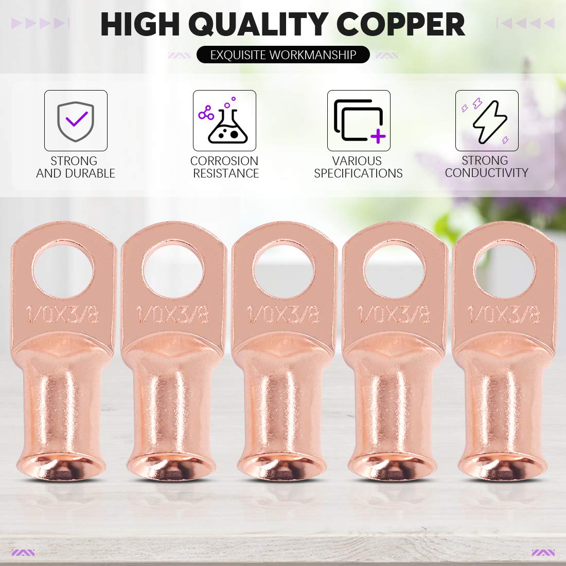 Swpeet 6Pcs 1/0 Awg   3/8'' (M10) Ring Terminals Ul Listed Copper Battery Cable Lugs Wire Lugs, Battery Cable Ends Bare Copper E