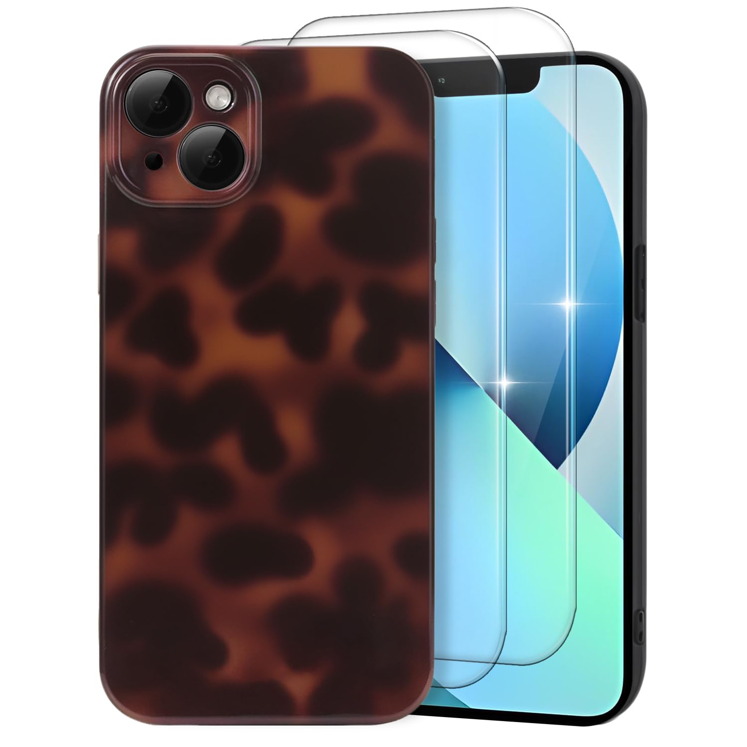 MYY Cute Phone Case for iPhone 13 Case, [with 2X Screen Protector] Tortoise Shell Pattern Leopard Full Camera Protective Slim Sh