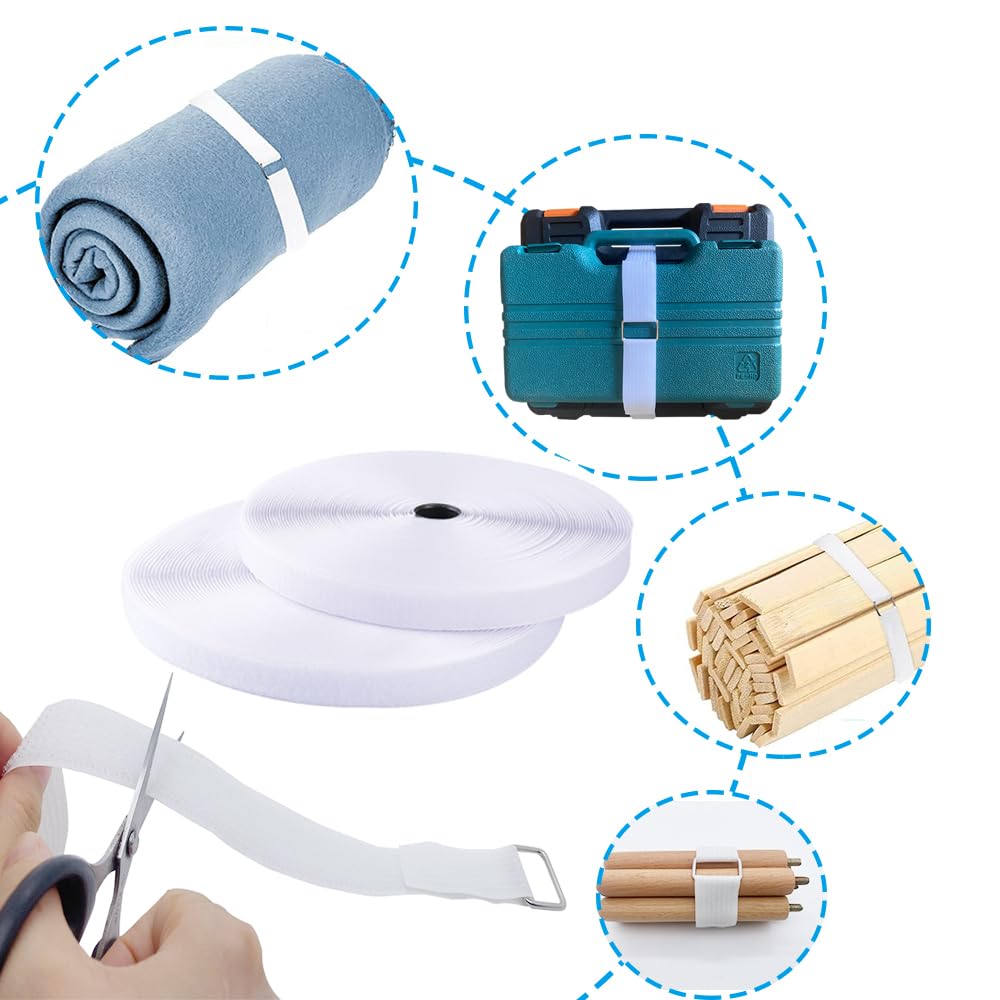 Amsthow 39Ft White Straps 1 Inch Cinch Straps Long Adhesive Adjustable Reusable Storage Nylon Loop Binding Management Cable Ties