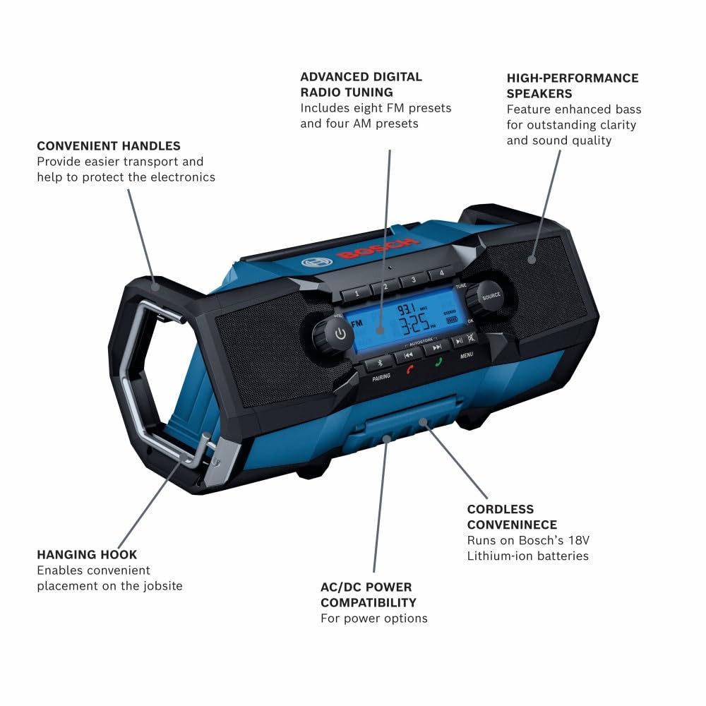 Bosch Gpb18V 2Cn 18V Compact, Portable Jobsite Radio With Bluetooth 5.0, 100 Ft. Range, 120V Ac/Dc Power Adapter Included