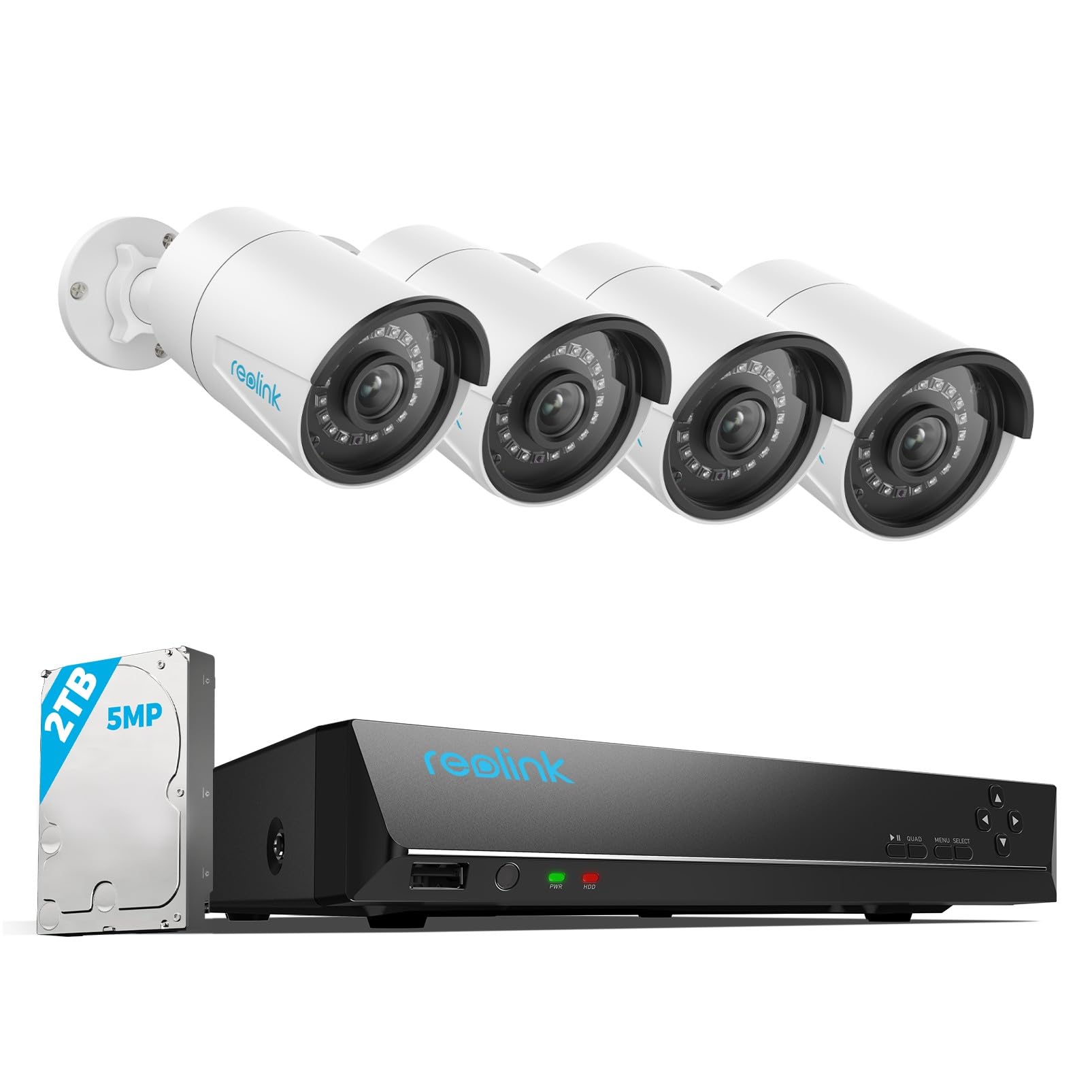 Reolink 8Ch 5Mp Security Camera System, 4Pcs Wired Poe Cameras For Home Security Outdoors, Smart Person/Pet/Vehicle Detection, 4K 8Ch Nvr With 2Tb Hdd For 24 7 Recording, Rlk8 410B4 5Mp White