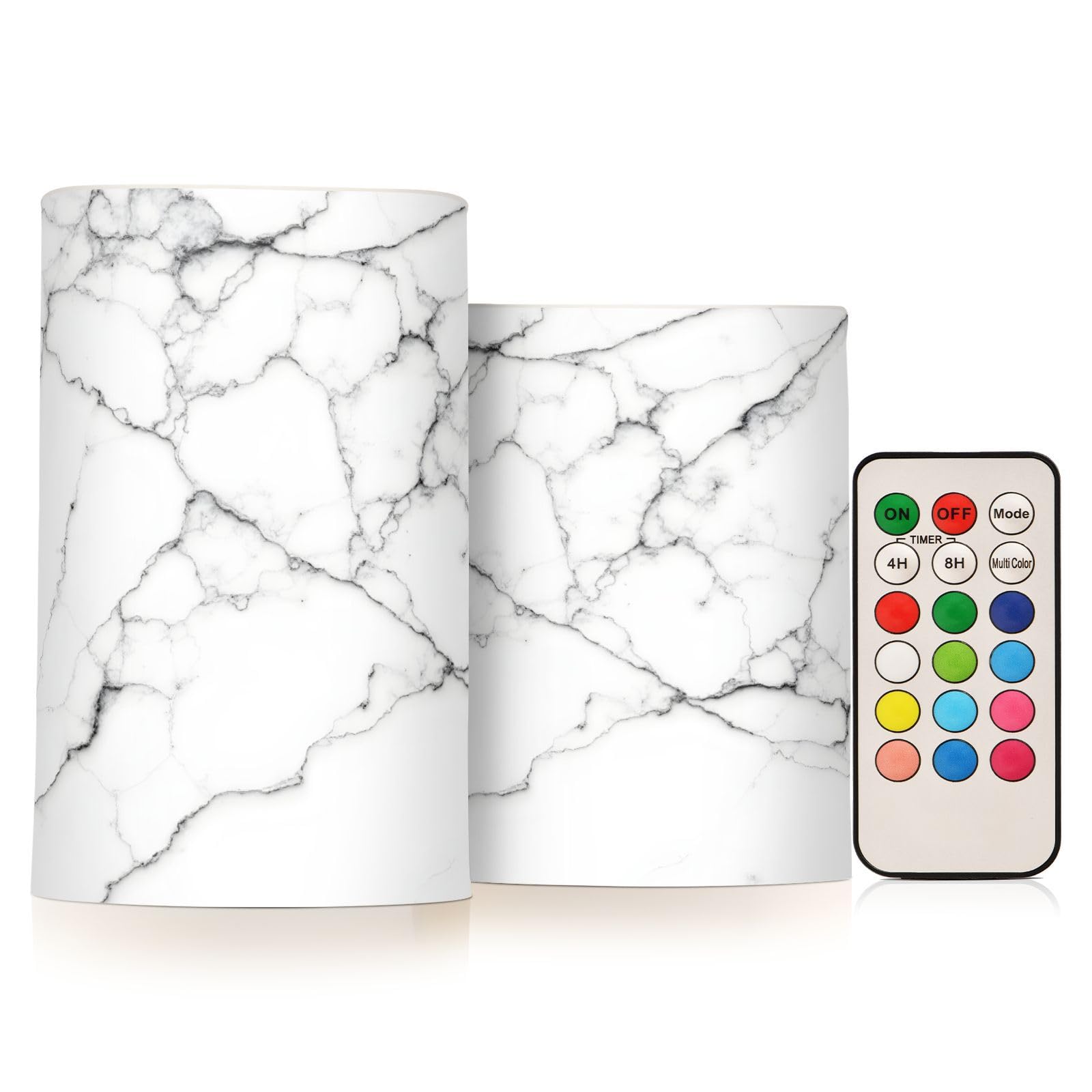 BOENLE Flickering Flameless Candles, White and Black Marble LED Candles with Remote Timer, Set of 2 Battery Operated Candle for 