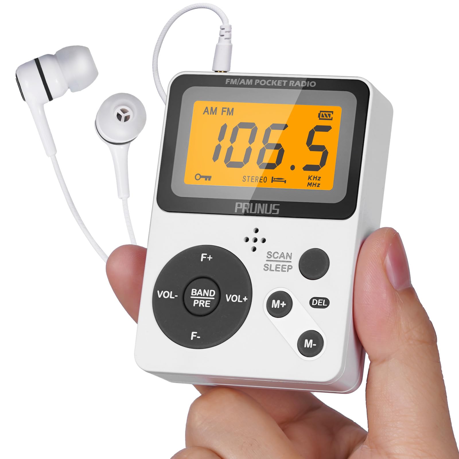PRUNUS J-159 Pocket AM FM Radio Portable with Stereo Earphone, Battery Operated Radio by 2 AAA, Manual Preset, Large Screen, Loc