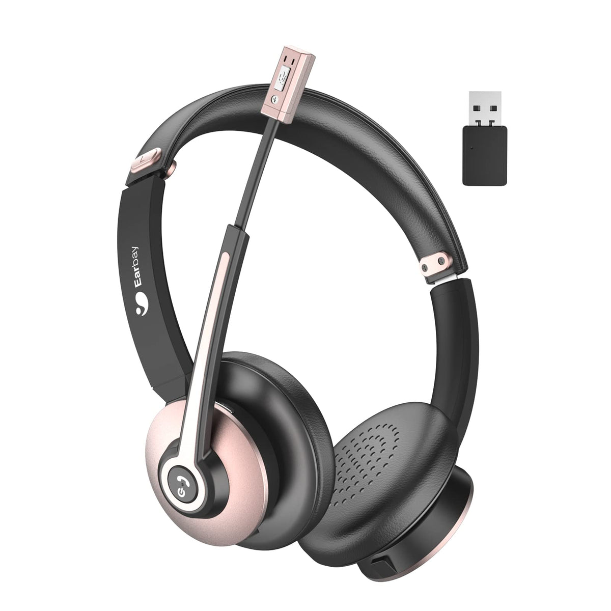 Bluetooth Headset With Microphone, Wireless Headset With Noise Cancelling Mic, On Ear Headphone With Usb Dongle & Mute Button, 2