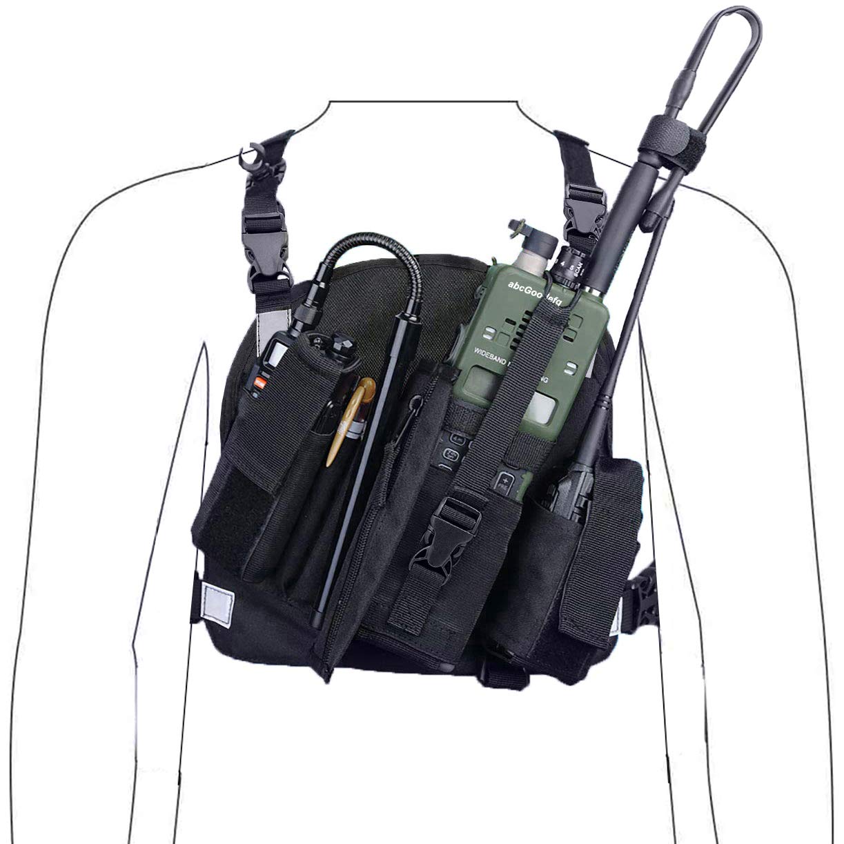 Abcgoodefg Universal Radio Chest Harness Pack Front Pocket Pouch Bag Holster Ems Vest Rig With Reflective Stripe For Two Way Radio Walkie Talkie Black (Rescue Essentials)