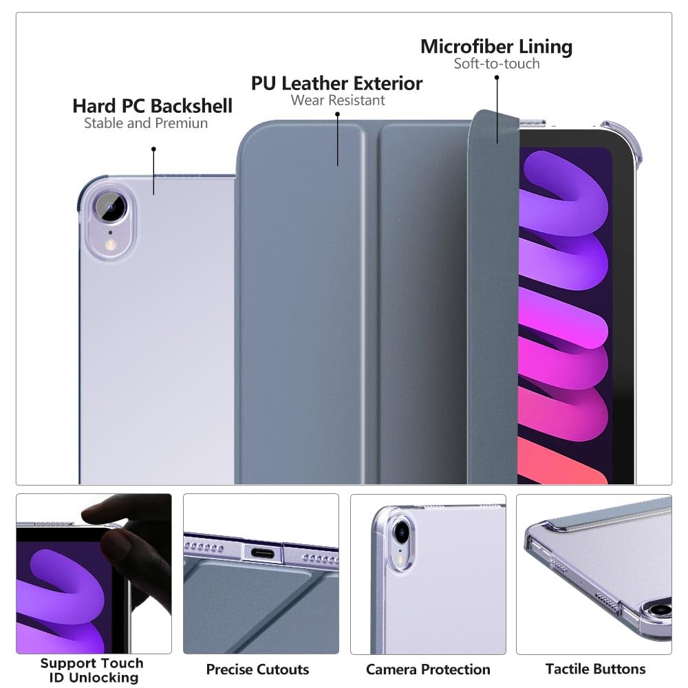 MoKo for iPad Mini 7 (A17 Pro) Case 2024,iPad Mini 6 Case 2021,8.3 inch iPad Mini 7th/6th Generation Case,Slim Lightweight Hard Back Shell Stand Cover for iPad Mini 2024 with Touch ID, Grey Purple