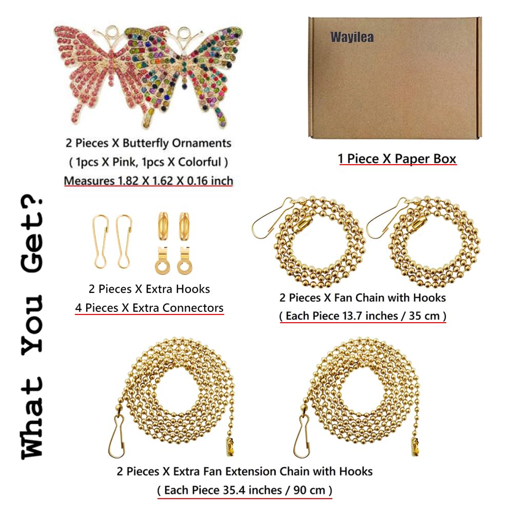 Wayilea Ceiling Fan Light Extender Chain Pulls, Lamp Extension String Chains Connectors, Decorative Crystal Rhinestone Butterfly