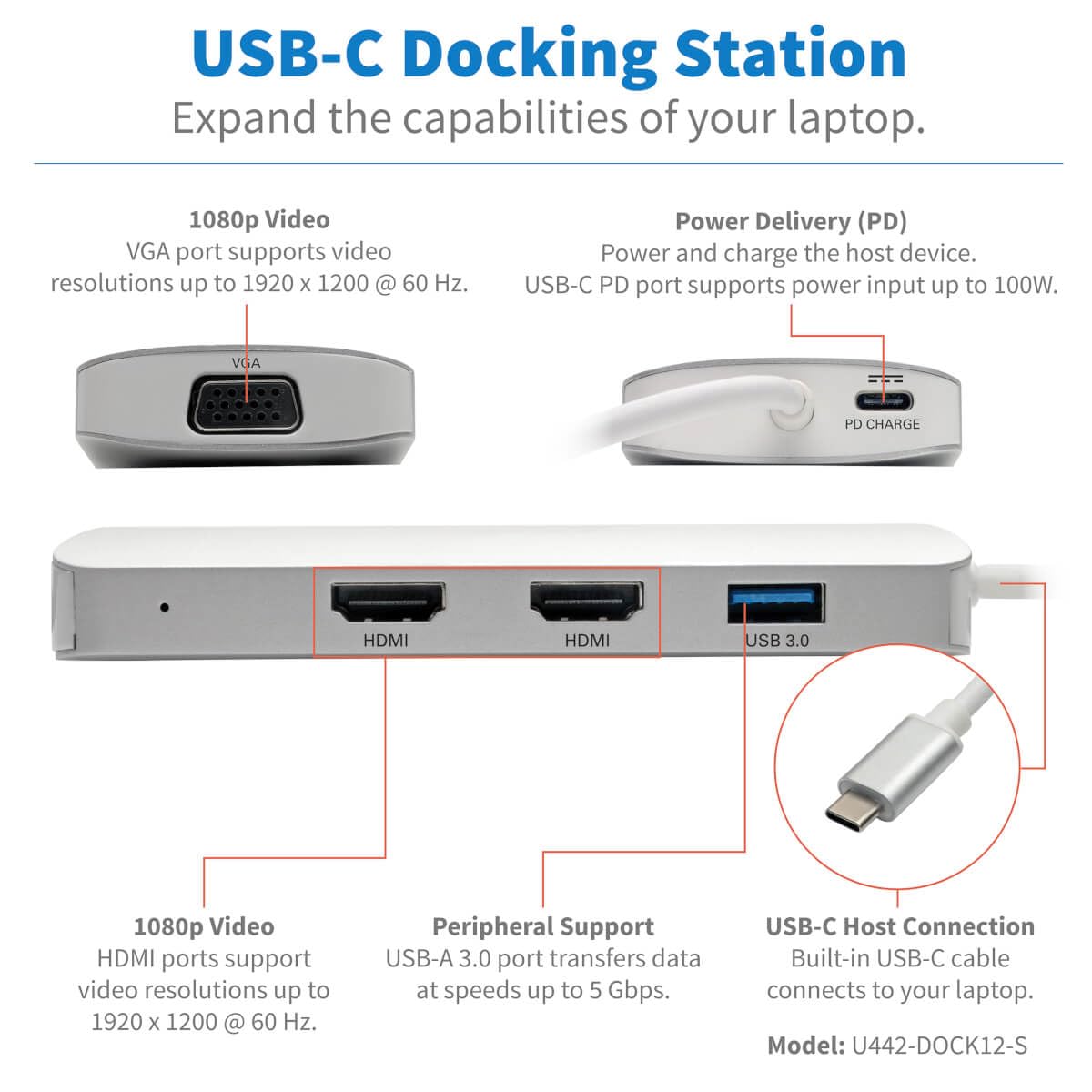 Tripp Lite Usb C Docking Station W/ Usb-A Hub, X2 Hdmi, Pd Charging 1080P @ 60Hz, Portable, Thunderbolt 3 Silver (U442-Dock12-S)