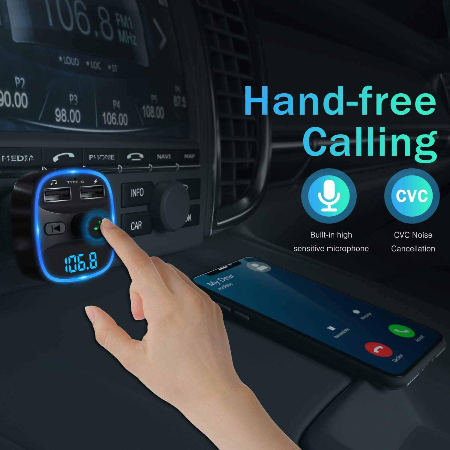 Lencent Fm Transmitter, 2022 Upgraded Bluetooth Fm Transmitter Wireless Radio Adapter Car Kit With Dual Usb Charging Car Charger