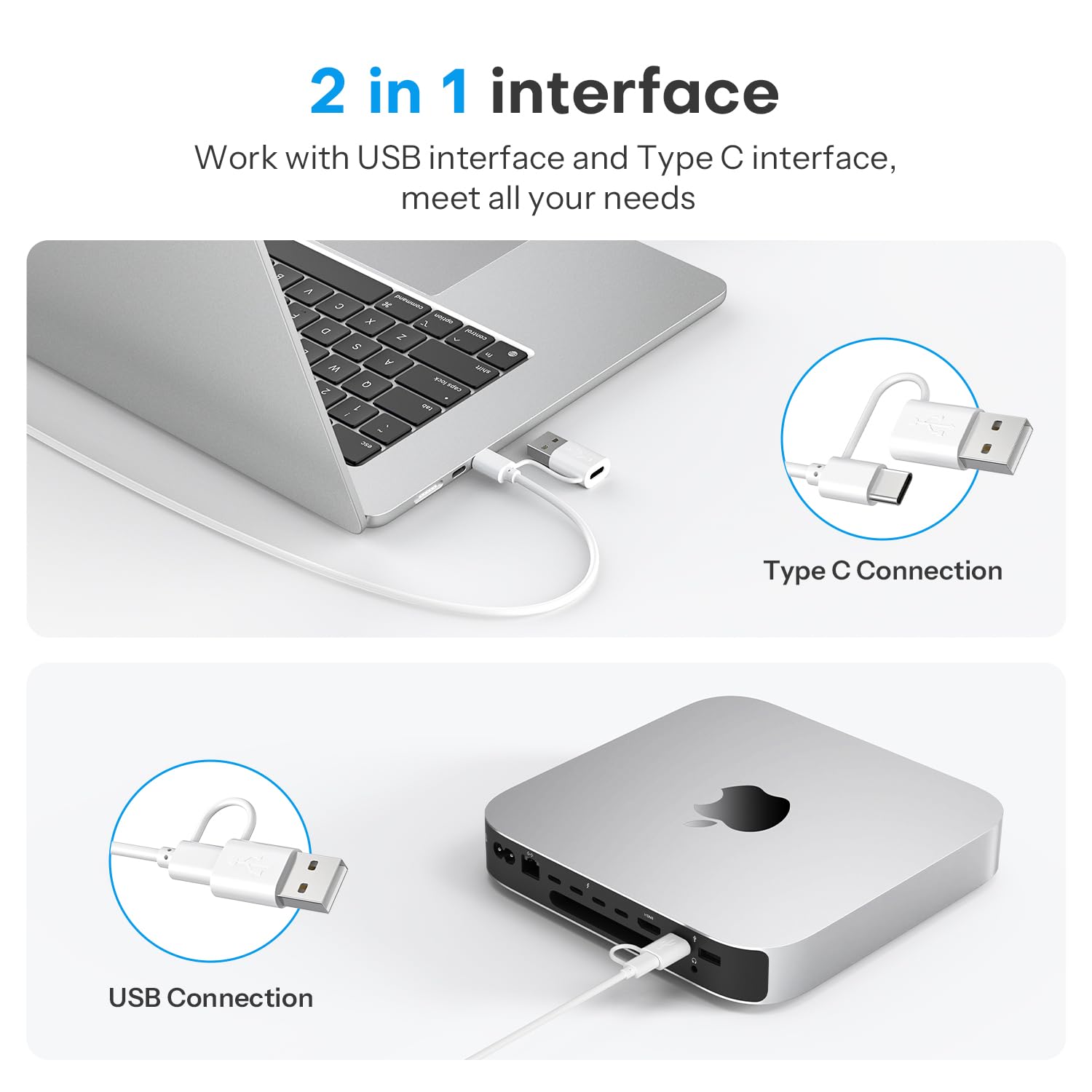 Omoton Wired Keyboard For Mac With Dual Interface, Comfortable Typing Angle & Stable Connection, Compatible With Macbook, Imac, Mac Mini, Pc White