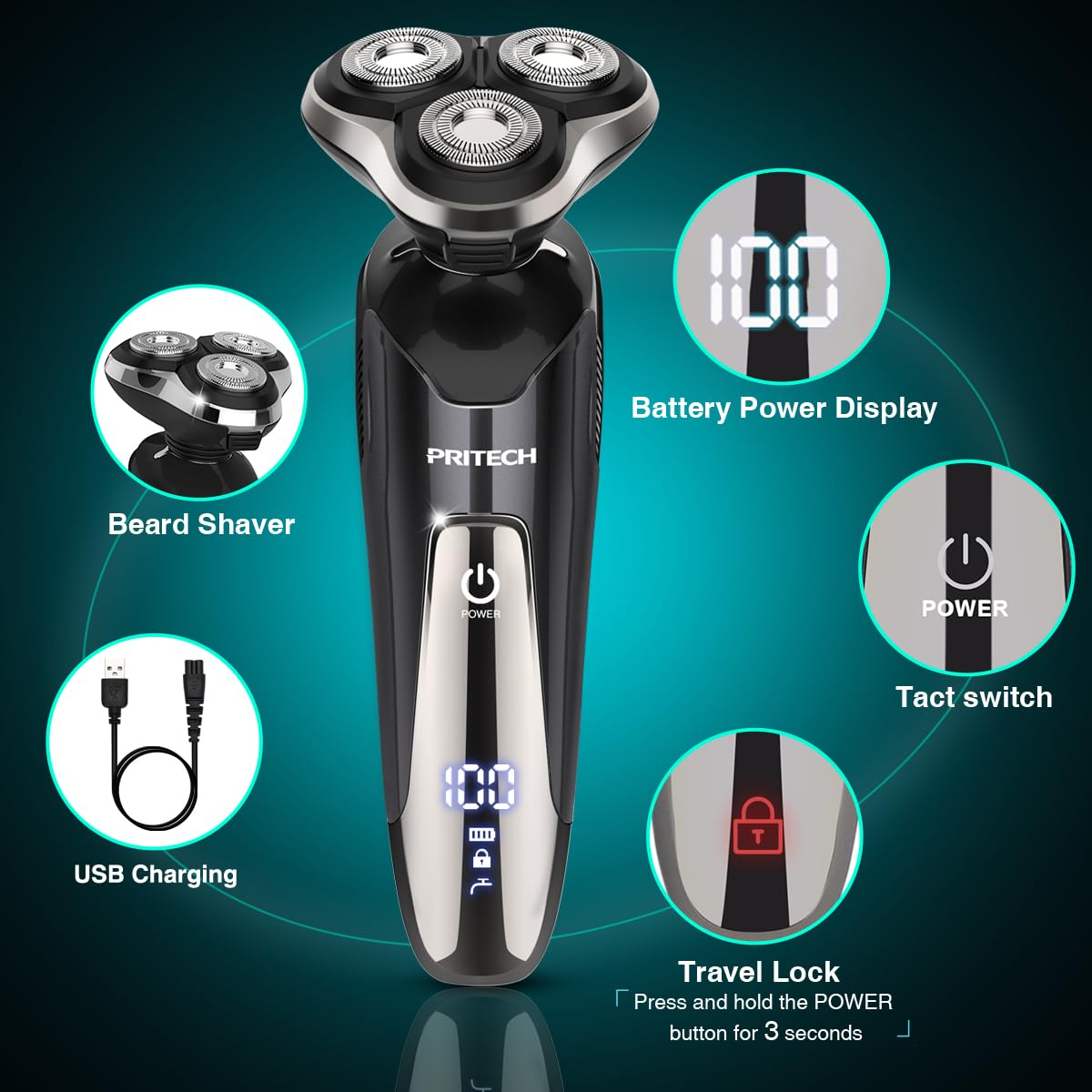 Electric Shaver For Men, Electric Razor For Men, Rechargeable Waterproof Wet Dry Cordless Razor