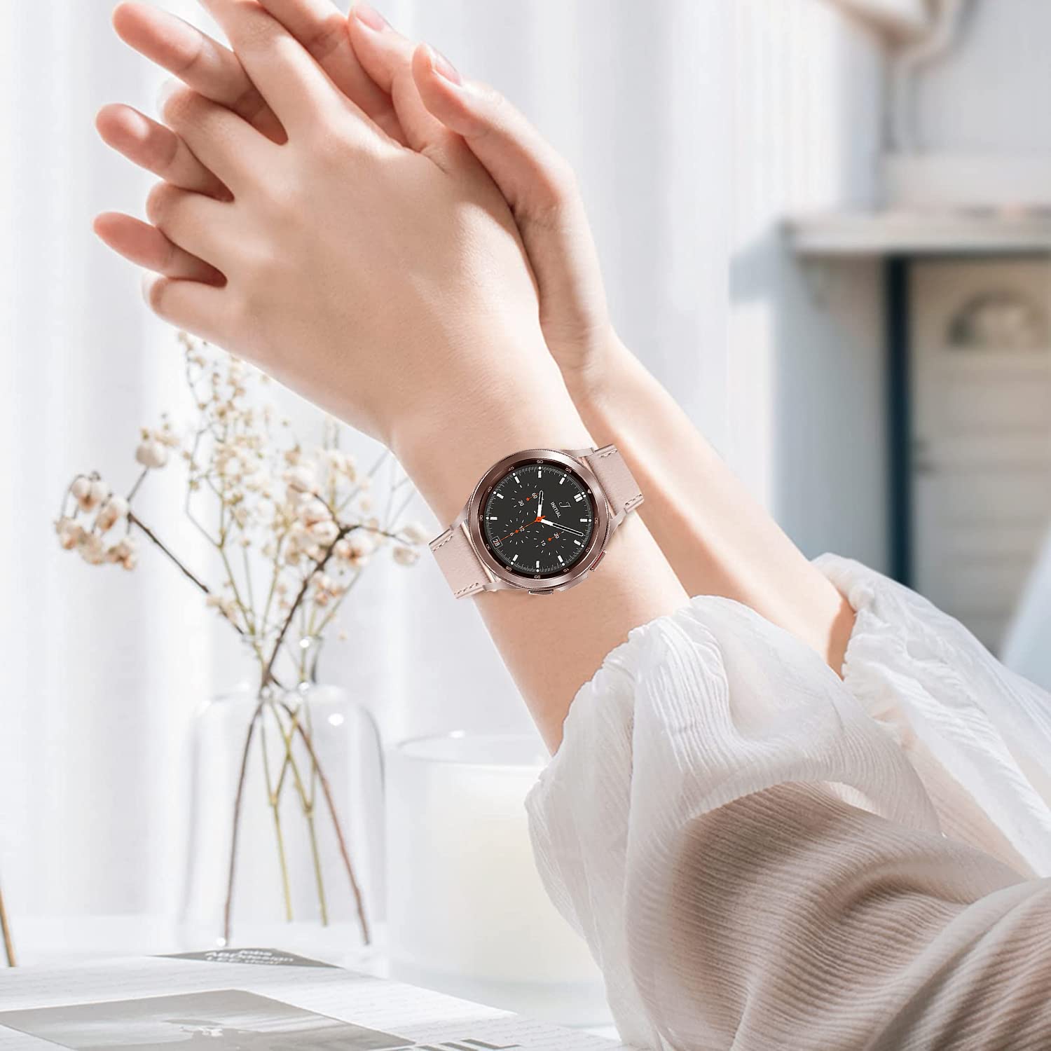 Compatible For Samsung Galaxy Watch 5 Pro 45Mm/4 Classic 42Mm 46Mm Bands, No Gaps 20Mm Leather Watch Strap Compatible For Samsun