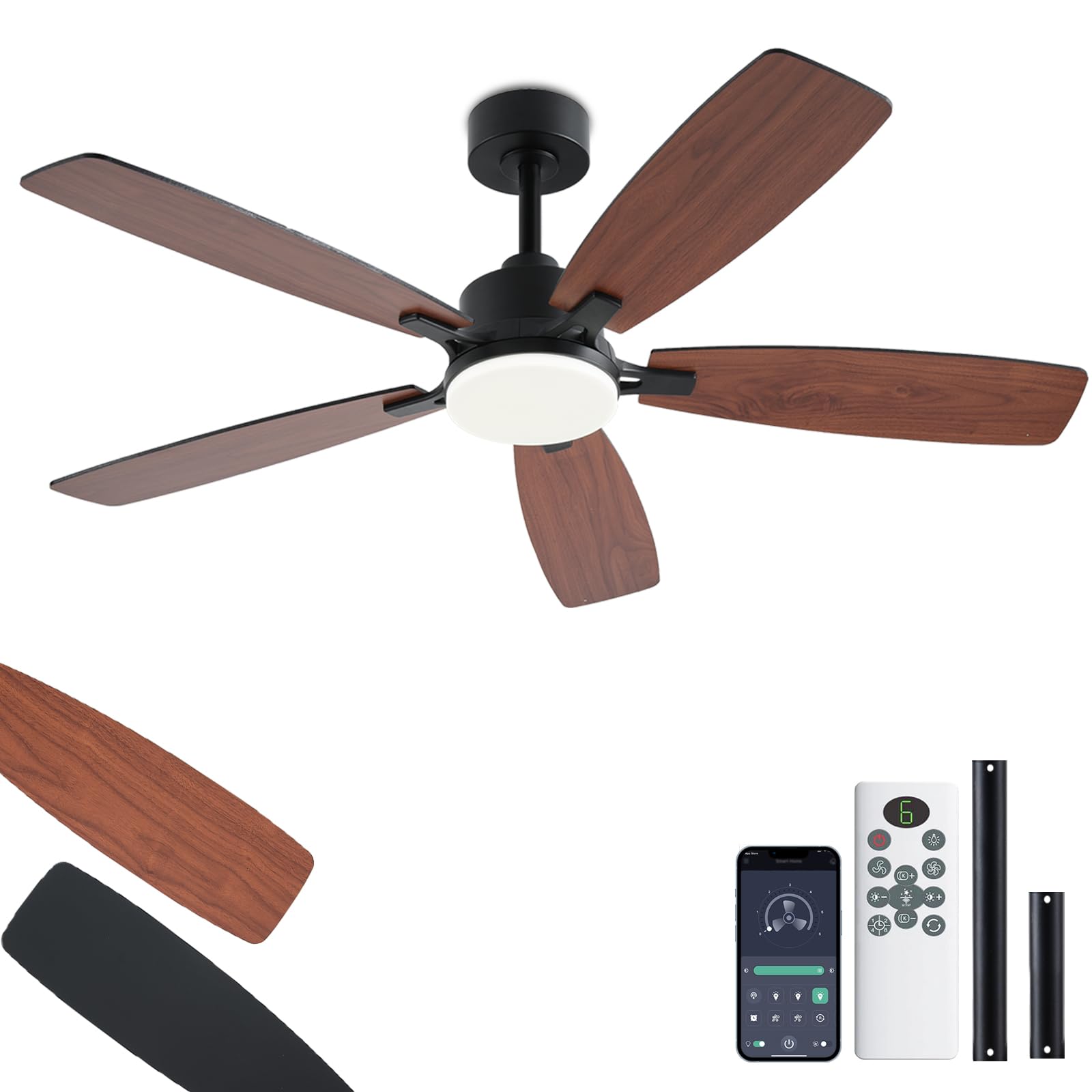 NKPU 52inch Ceiling Fans with Lights, Low Profile Ceiling Fan with Light and Remote/App Control, 2 Downrods, DC Reversible Motor