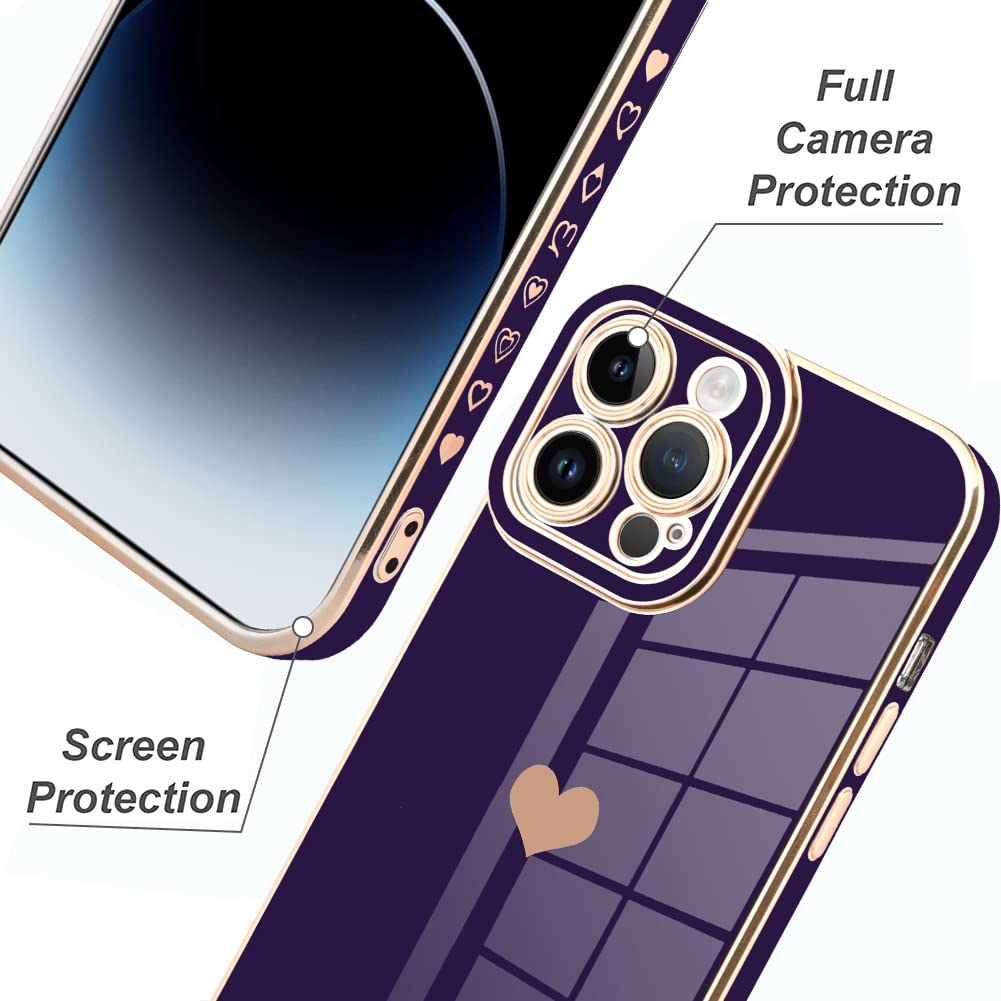 Fiyart Iphone 14 Pro Max Case, Love Heart Design, Women & Girls, Tpu Electro Plating, Camera Lens Protection, Screen Protector