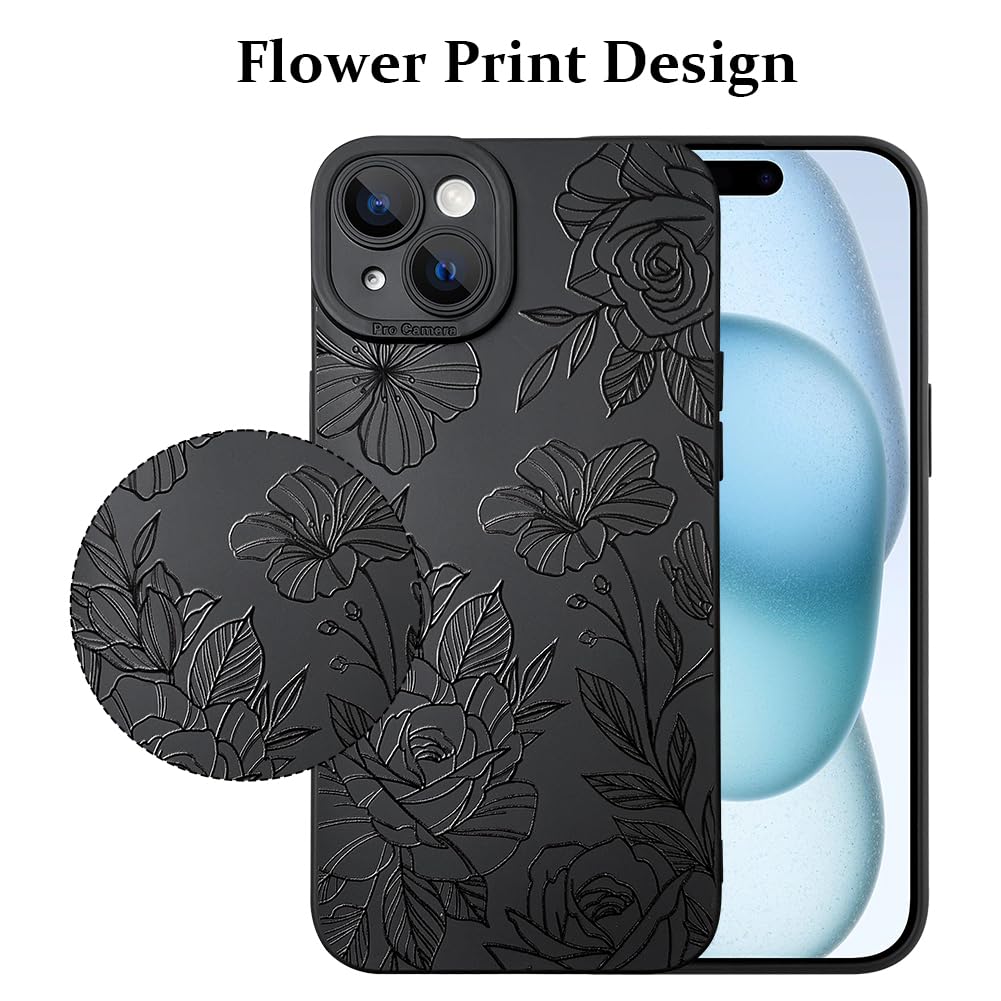 Lsl Case For Iphone 15 Plus Black Floral Flower Pattern Print Case Soft Tpu Full Camera Lens Anti Drop Anti Scratch Shockproof P