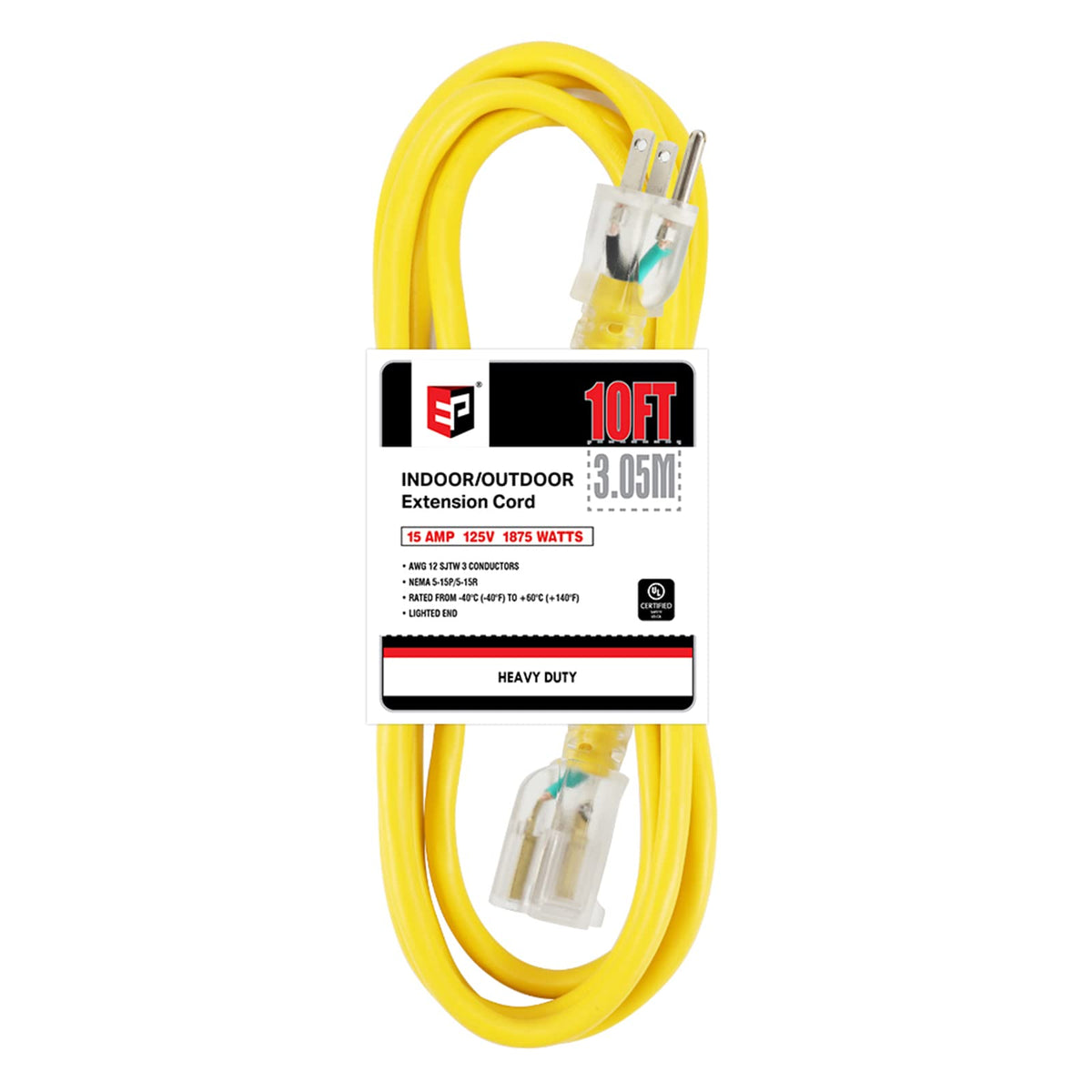 Ep 10 Ft Lighted Outdoor Extension Cord   12/3 Sjtw Heavy Duty Yellow Extension Cable With 3 Prong Grounded Plug   15Amp Power C