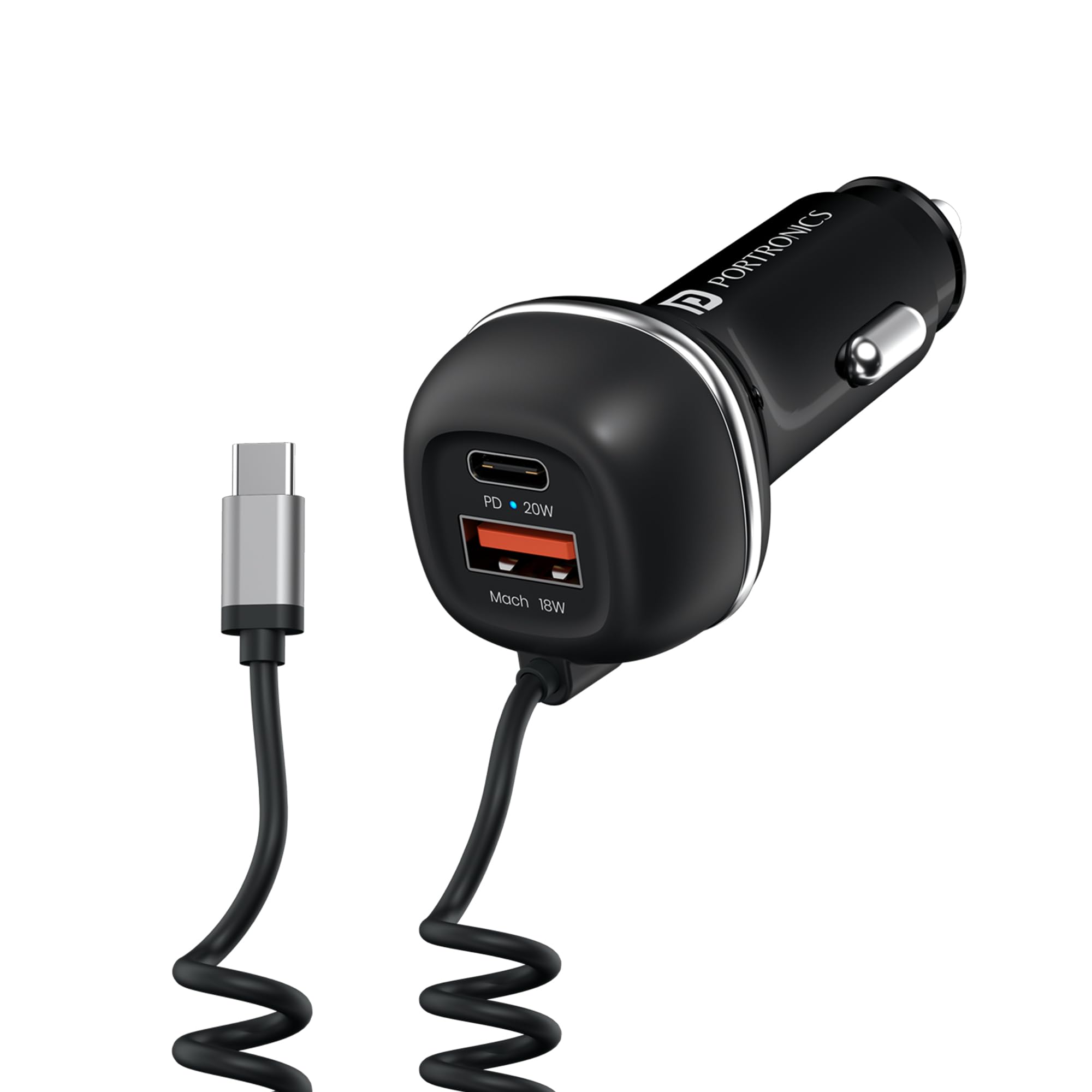 Portronics 71W Car Power 1C Triple Output Fast Car Charger with 33W TypeC Cable, 20W TypeC PD, 18W USB Port, Fast Charging Ada