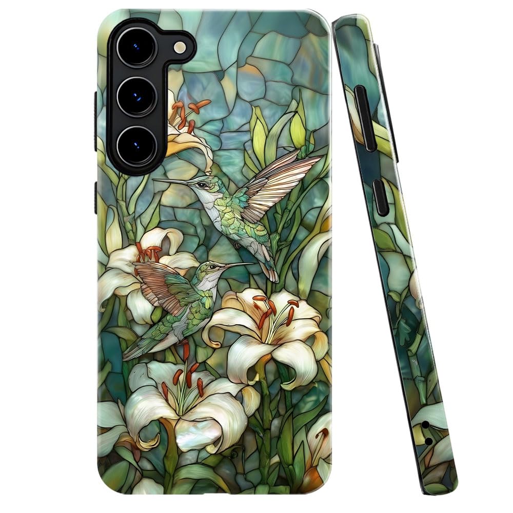 Case for Samsung Galaxy S23 Plus,Stained Glass Hummingbird Lily Phone Case Military-Grade Drop Protection Cover for Women Girl -