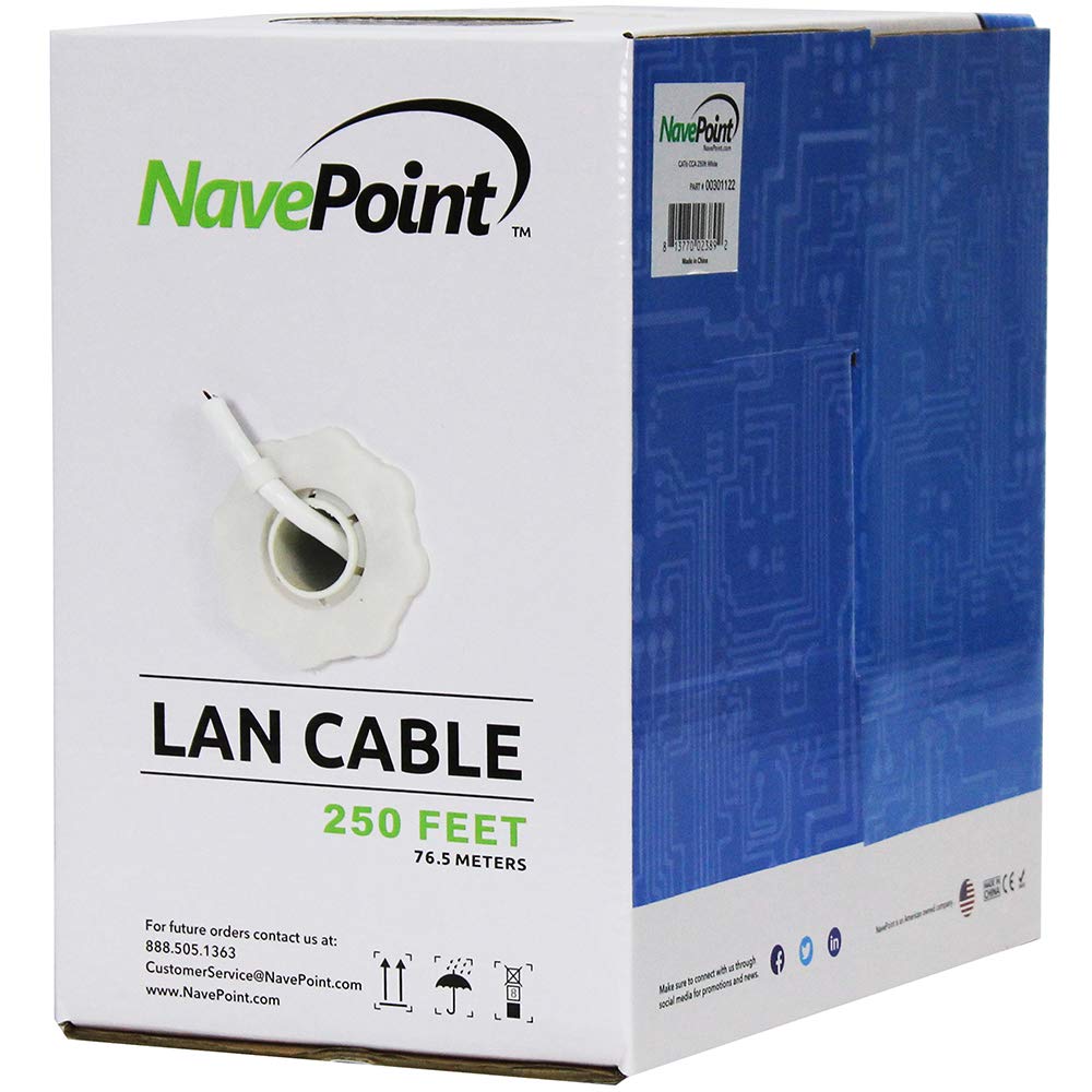 Navepoint Cat6 (Cca), 250Ft, White, Solid Bulk Ethernet Cable, 550Mhz, 23Awg 4 Pair, Unshielded Twisted Pair (Utp)