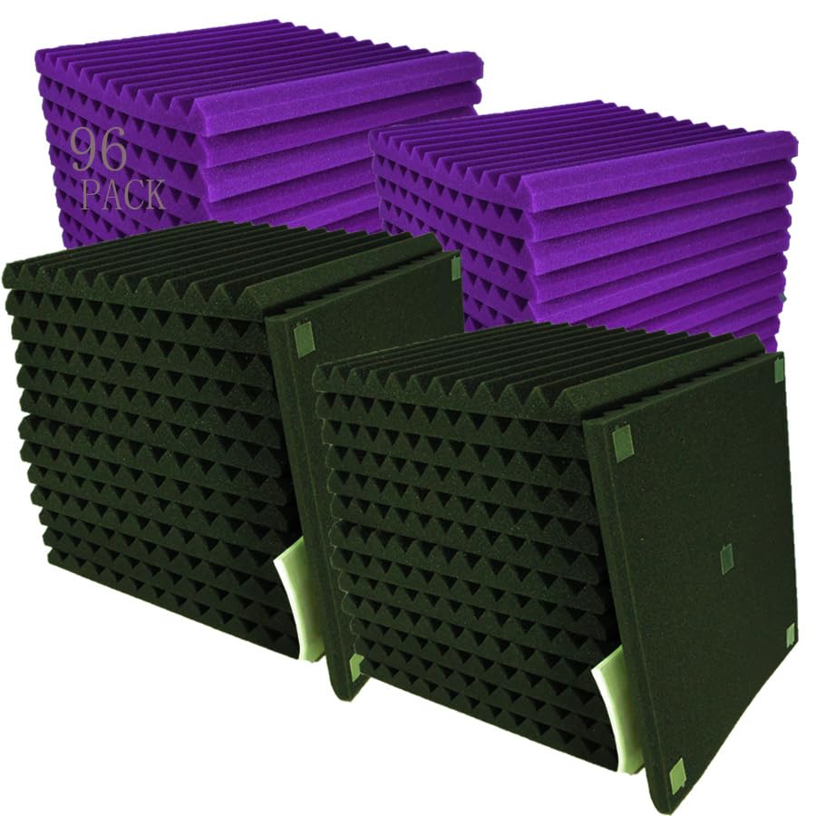96 Pack Black/Purple 12 ''X 12 ''X1'' Acoustic Panels Studio Soundproofing Foam Wedge Tiles,