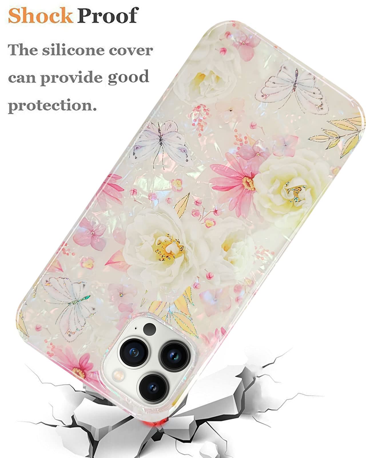 J.West Iphone 13 Pro Max Case 6.7 Inch,Luxury Sparkle Glitter Soft Clear Colorful Opal Pearly Thinfoil Design Shiny Floral Print