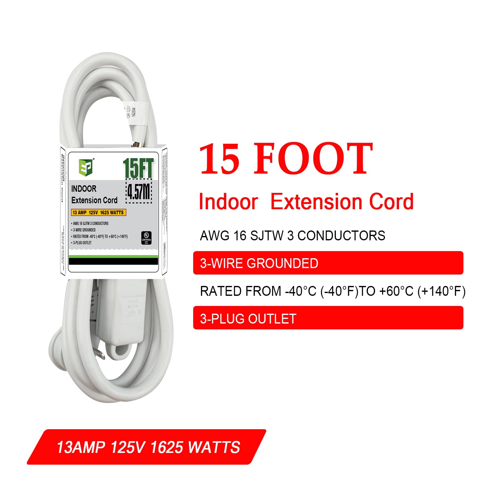 Ep Low Profile 15 Ft Flat Plug Extension Cord   16 Awg 3 Prong Grounded Cable With 3 Outlets, Perfect For Indoor Use, White, Ul