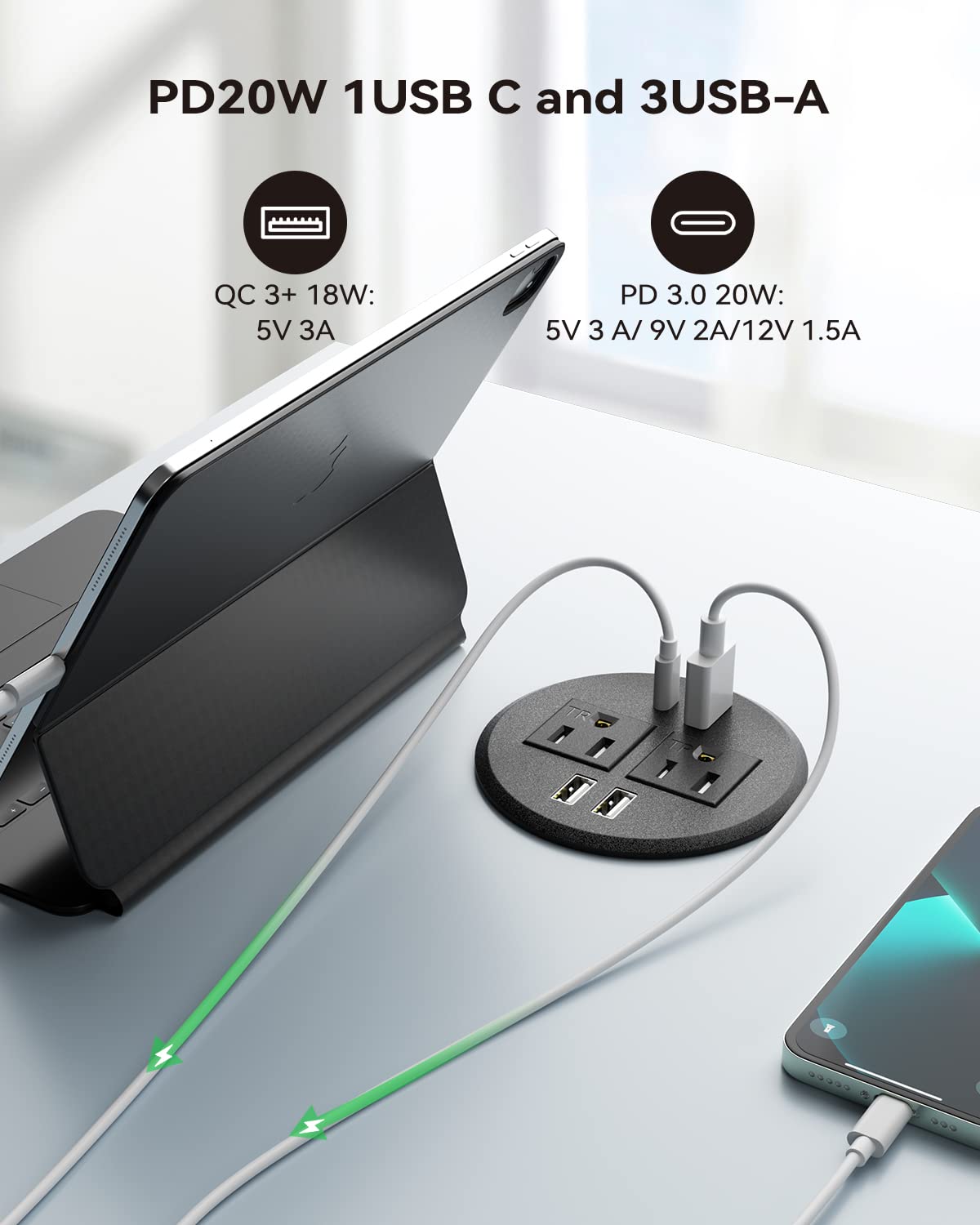 Recessed Power Grommet With 20W Fast Charging Usb C Port, 2Ac Outlets, 3 Usb A   Countertop Outlet Flush Mount For Desktop 3 3/8