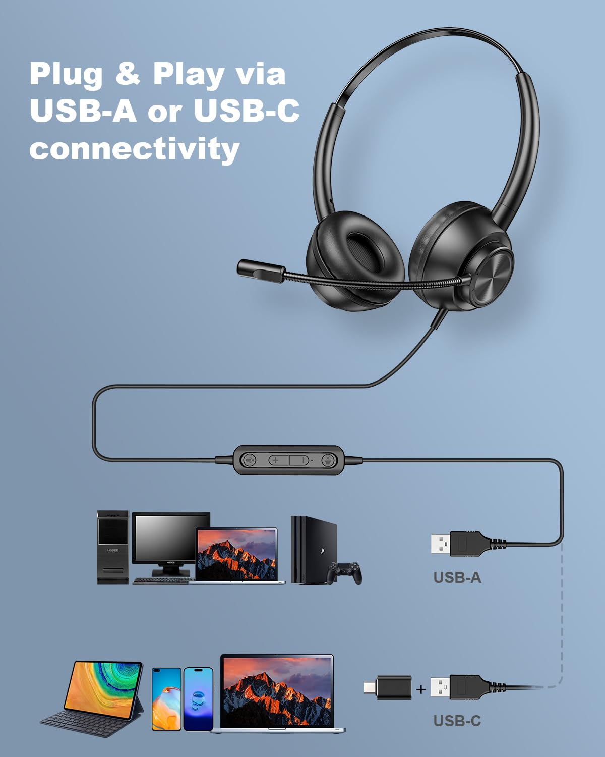 Usb Headset With Microphone For Pc, Computer Headset With Mic, Wired Headset With Usb A & Usb C, Mute, In Line Controls Call Center Headset For Work Pc Laptop Office Phone Meeting Zoom Skype