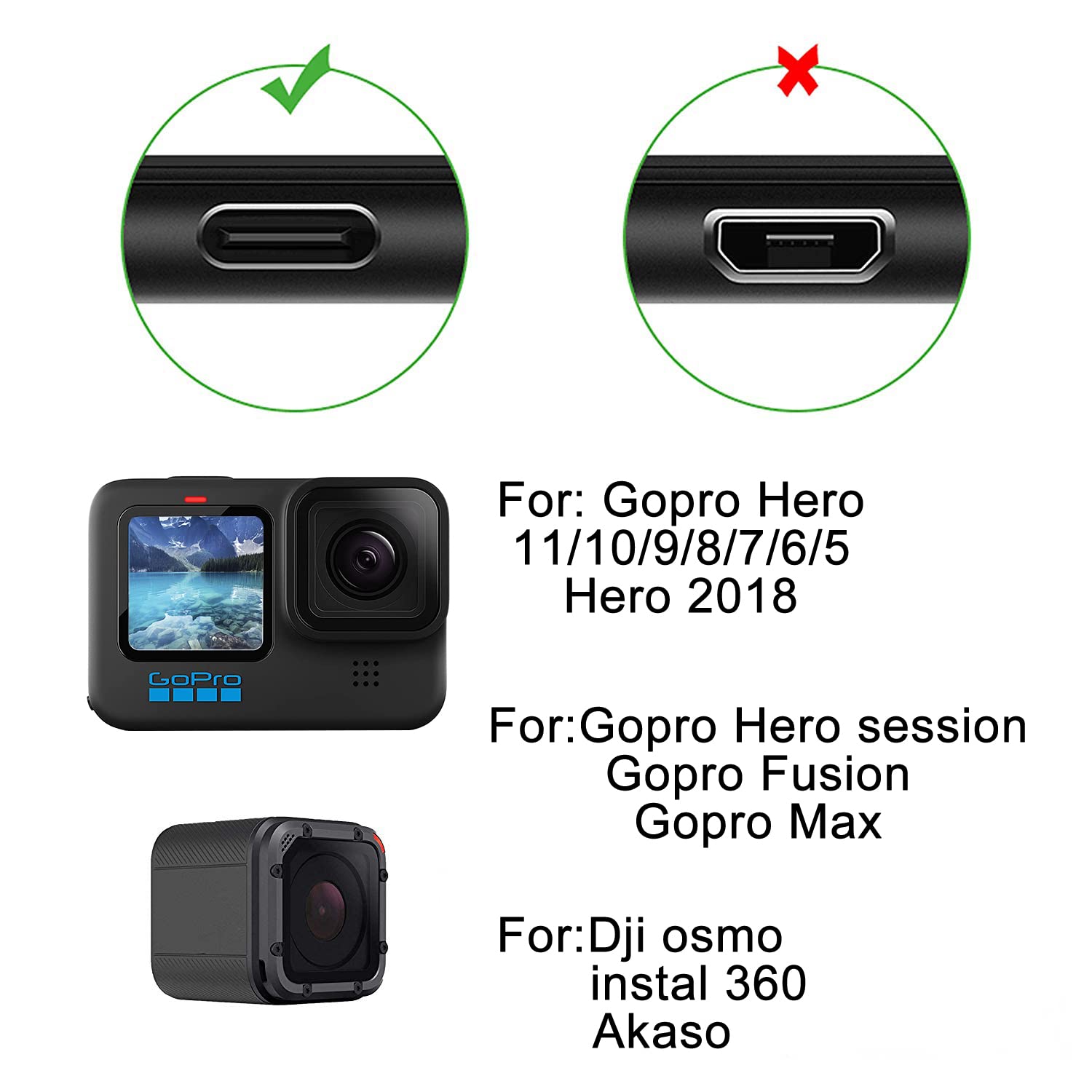Suptig 2 Pack Charging Cable Compatible With Gopro Hero 13/Hero12/11/10/9/8/7/6/5/Hero Session Gopro Max Charging And Data Sync