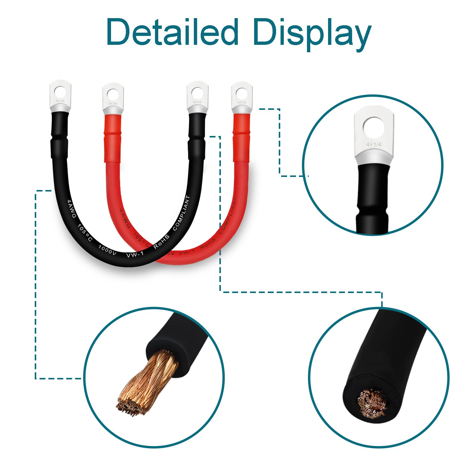 Qiatol 4 Awg Battery Cables With Terminals, 2Pcs Copper Battery Cables