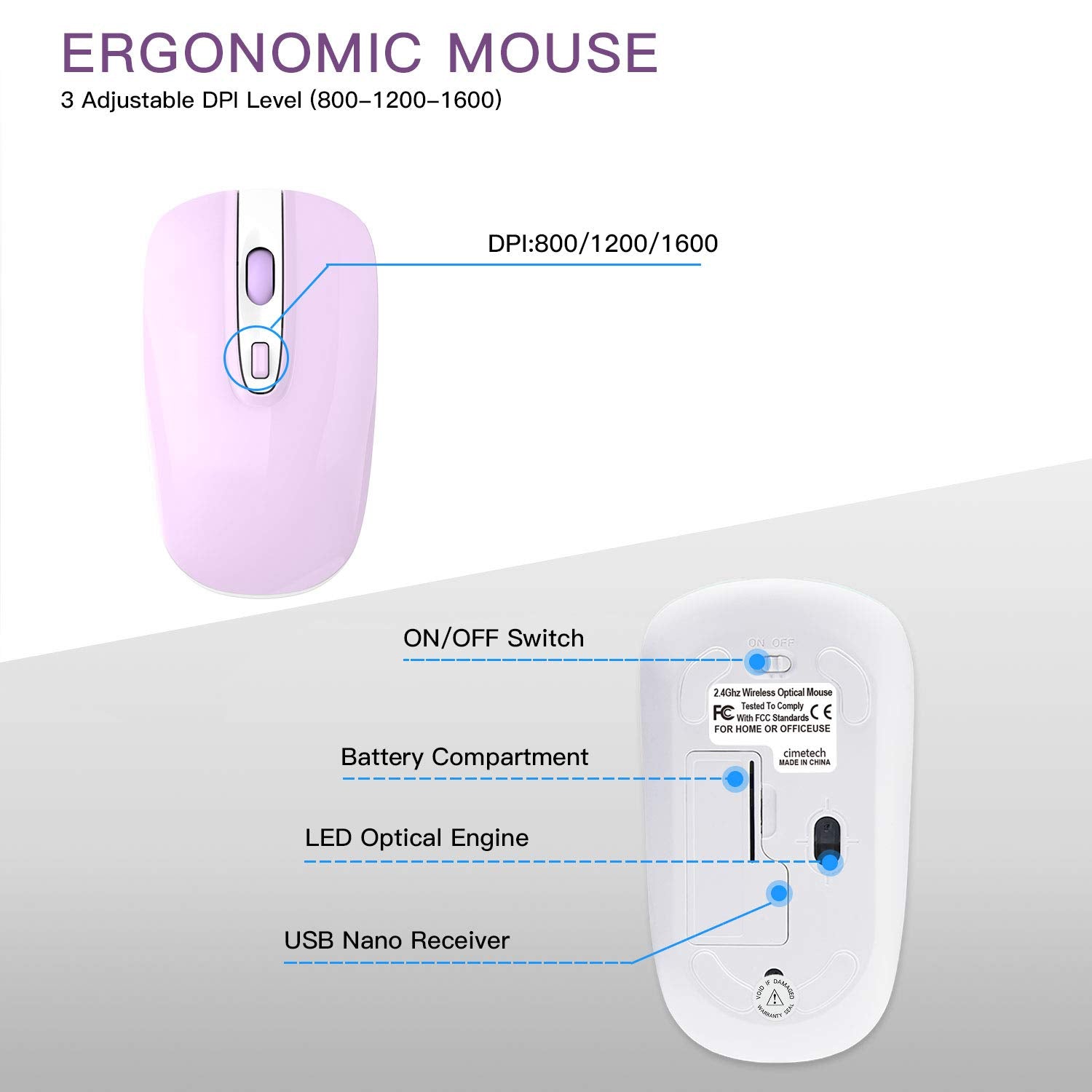 Cimetech Wireless Keyboard And Mouse Combo, Compact Full Size Purple Wireless Computer Keyboard And Mouse Set 2.4G Ultra Thin Sl