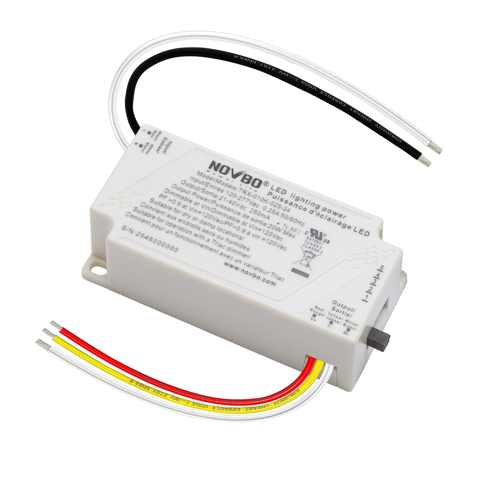 NOVBO TRIAC Dimmable LED Driver 10W 250mA Low Voltage Transformer AC 120-277V to DC 21-40V Class 2 Power Supply Pre-Set 5CCT & F