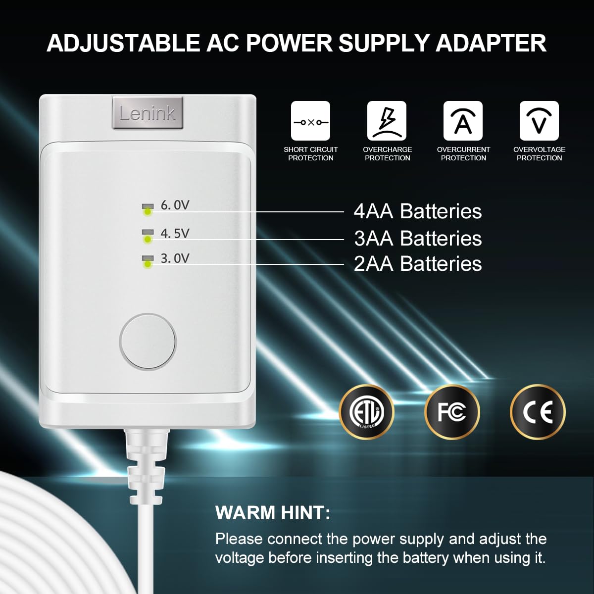 Lenink Adjustable Ac Power Supply Adapter For Aa Batteries, 3V To 6V, Led Lights & Decorations (White)