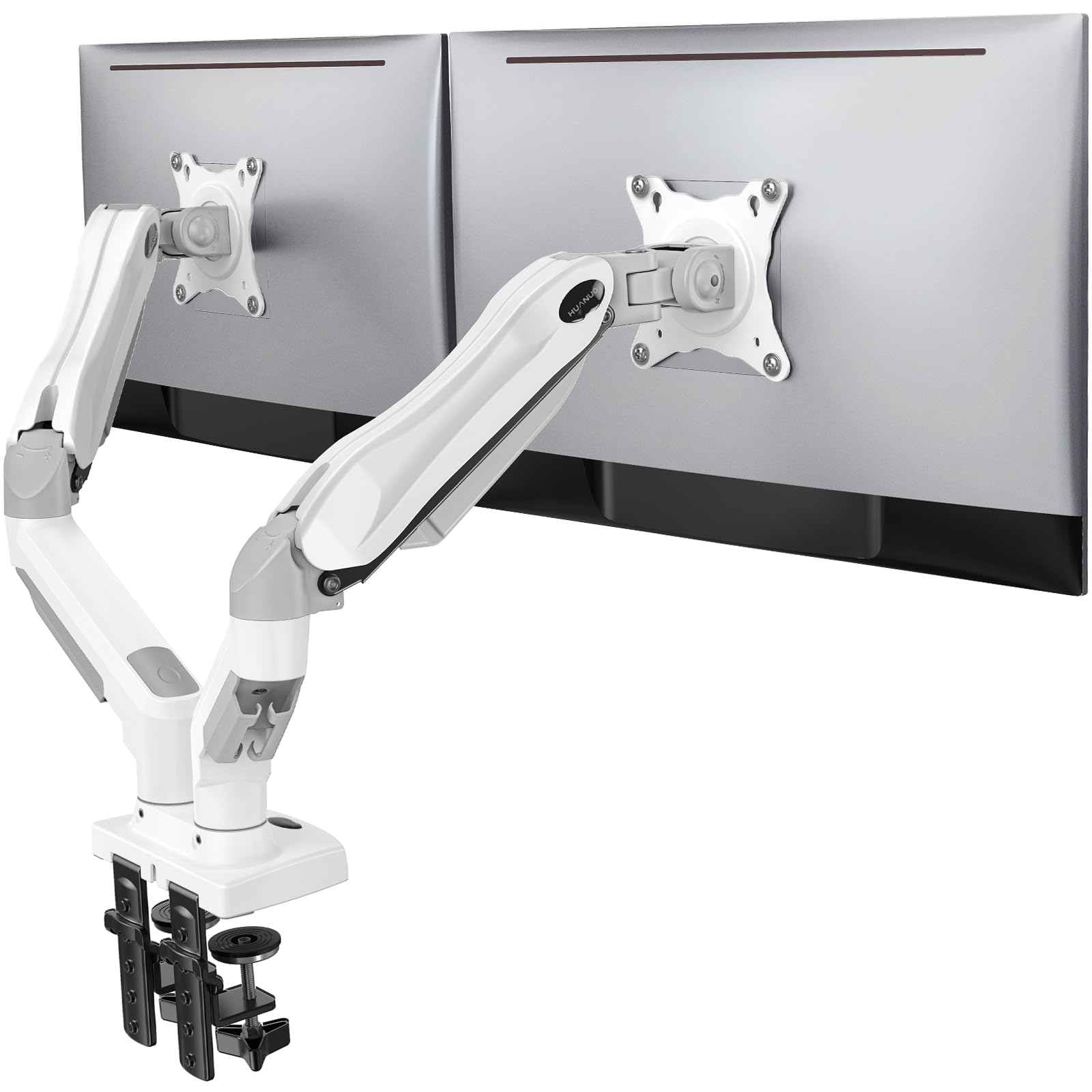 Huanuo Dual Monitor Stand   Full Adjustable Monitor Desk Mount Swivel Vesa Bracket With C Clamp, Grommet Mounting Base For 13 To 32 Inch Computer Screens   Each Arm Holds 4.4 To 19.8Lbs   Whtie