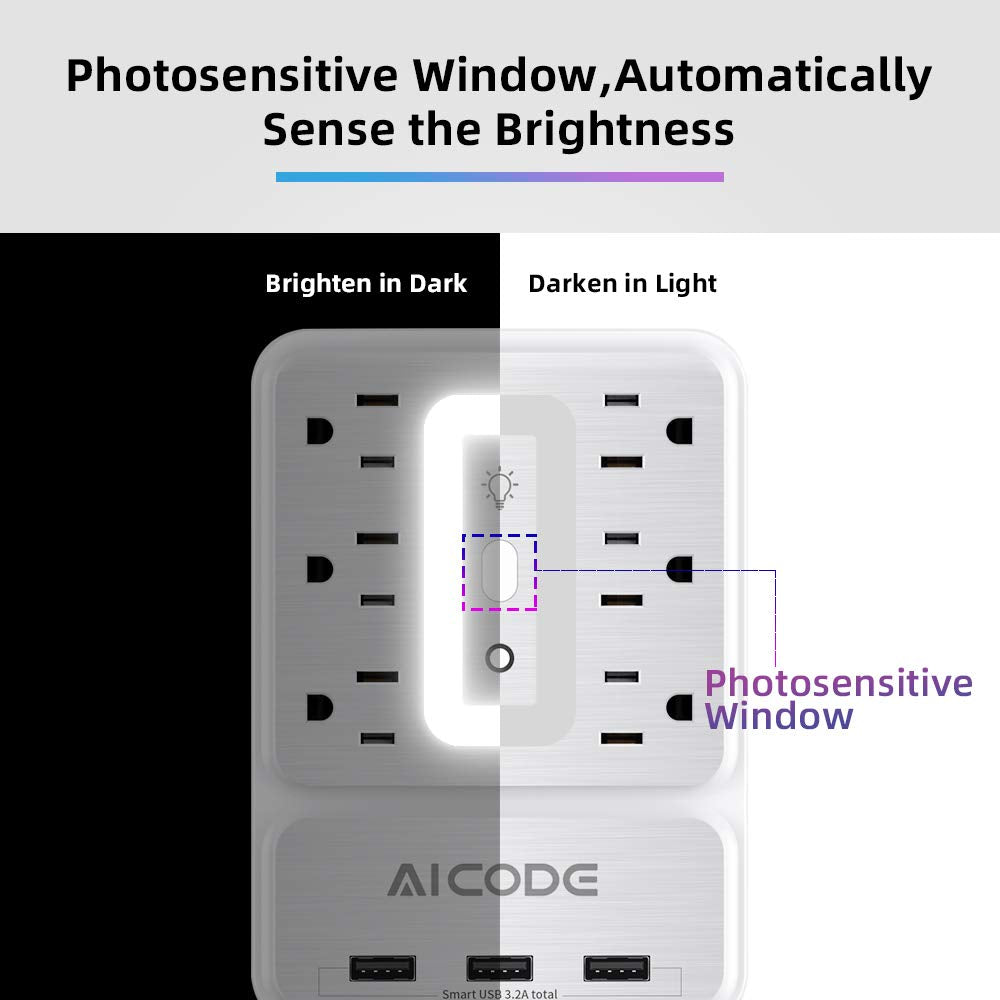 Aicode Socket Outlet Shelf,Wall Outlet,6 Electrical Outlet Splitter With 3 Usb Power Outlet,Surge Outlet Protector Multi Plug Outlet,Charging Shelf,Outlet Expander With 6 Rgb Light For Home