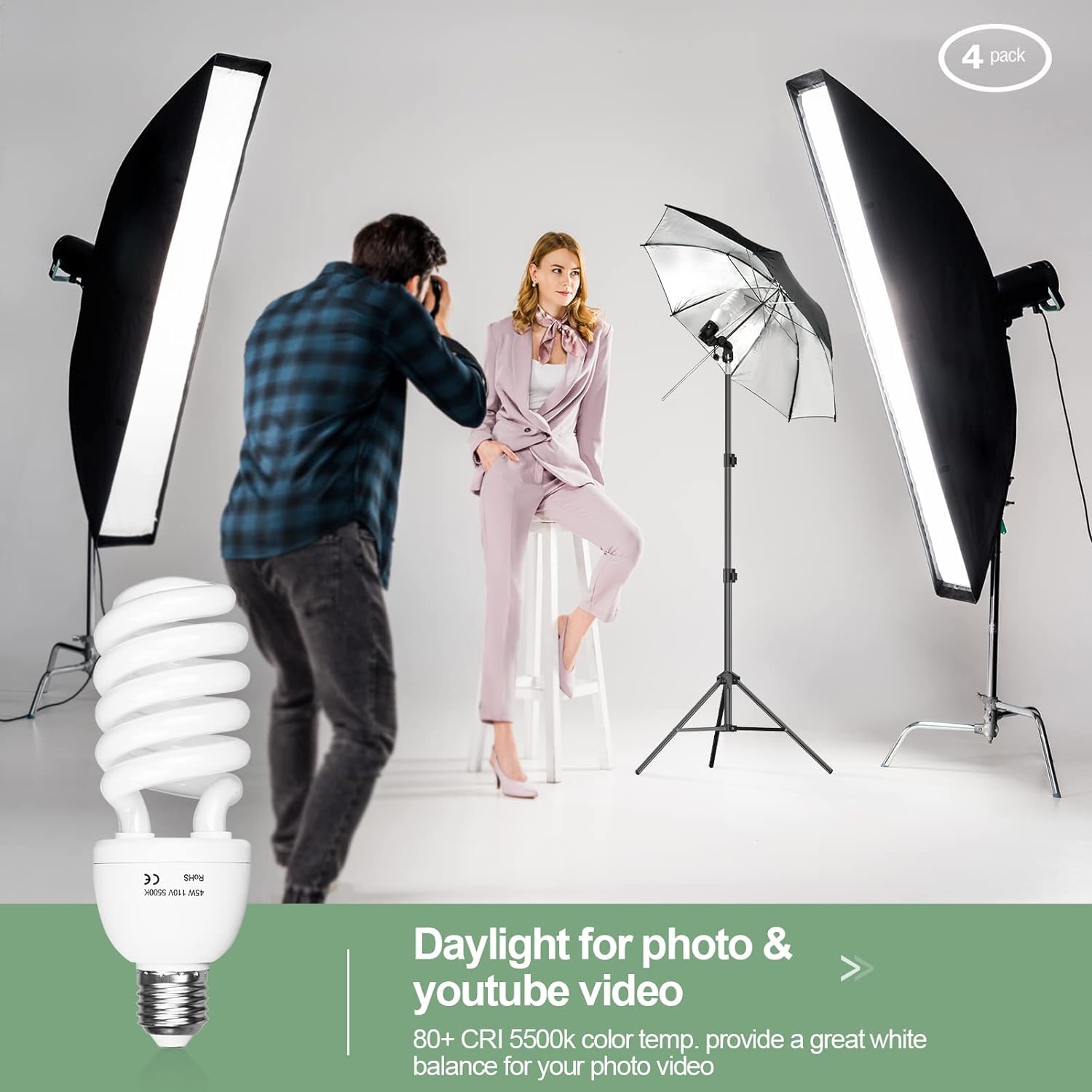 Emart Full Spectrum Light Bulb, 2 X 45W 5500K Spiral Cfl Daylight For Photography Photo Video Studio, Softbox Lighting Kit, Household Use, Portrait Shooting