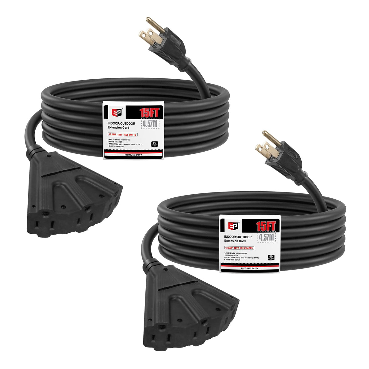 Ep 2 Pack 15 Ft Outdoor Extension Cord With 3 Electrical Power Outlets   16/3 Sjtw Black Cable With 3 Prong Grounded Plug For Sa