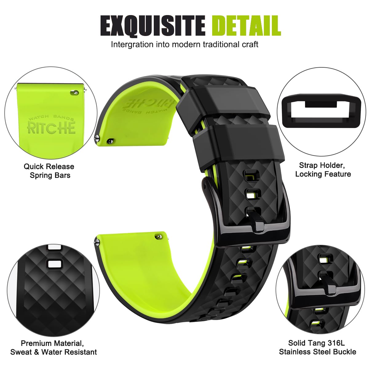 Ritche Christmas Gift 24Mm Silicone Watch Band Quick Release Rubber Watch Bands For Men Women   Black Top Fluorescent Green Bott