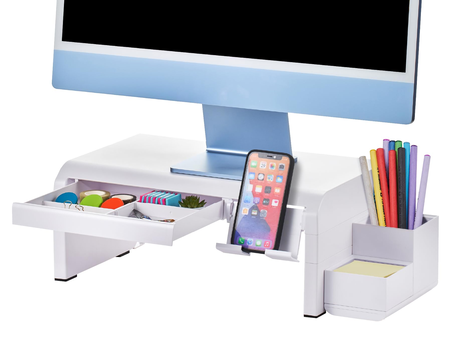 Bostitch Konnect Adjustable Monitor Riser with Drawer, Cell Phone Stand & Pencil Holder, Laptop Stand for Desk, 4 Height Levels,