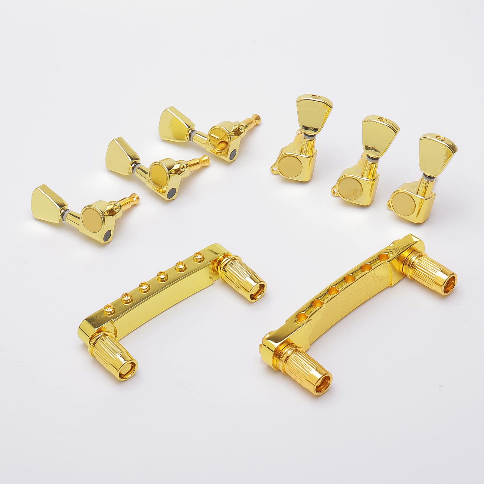 Unxuey Combo Kits Gold 6 String Guitar Saddle Bridge Tune O Matic Tailpiece And 3L3R Sealed Gear Tuning Pegs Keys Machine Head F