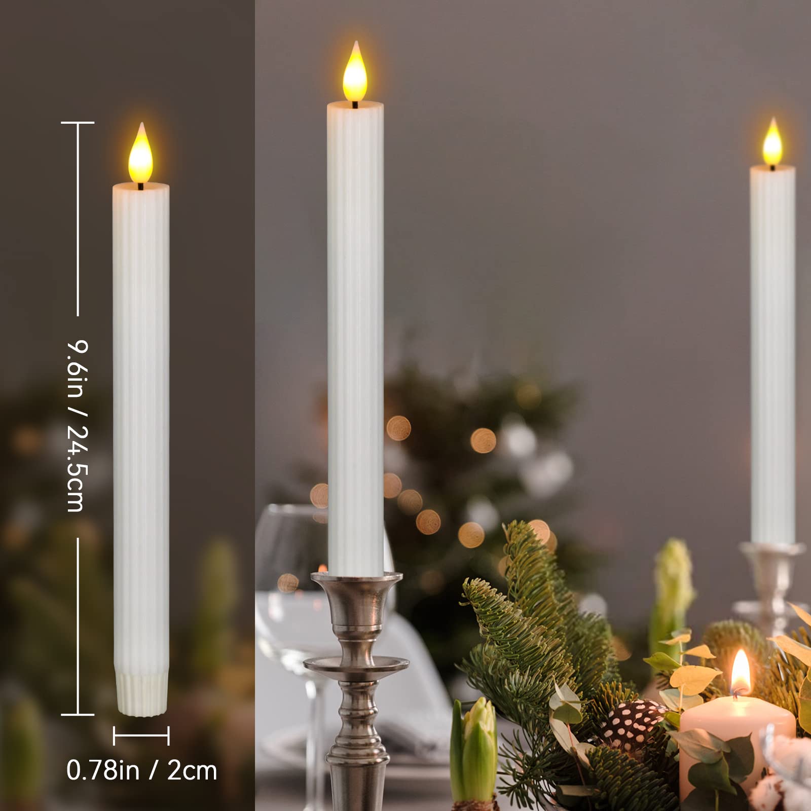 Pchero White Flameless Taper Candles With Remote And Timer, 4 Packs 9.6'' Real Wax Battery Operated Led Candle Stick Flickering