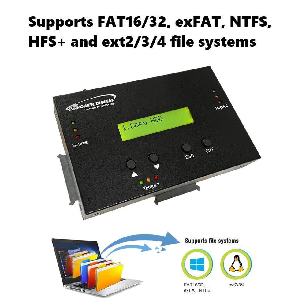 Vinpower Digital 1 To 2 Sata 2.5'' & 3.5'' Hard Disk Drive/Solid State Drive (Hdd/Ssd) Clone Duplicator And Dod Level Eraser