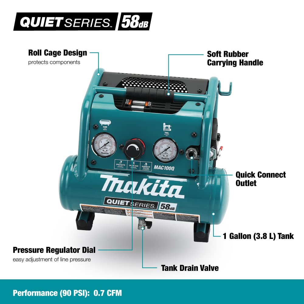 Makita Mac100Q Quiet Series, 1/2 Hp, 1 Gallon Compact, Oil Free, Electric Air Compressor