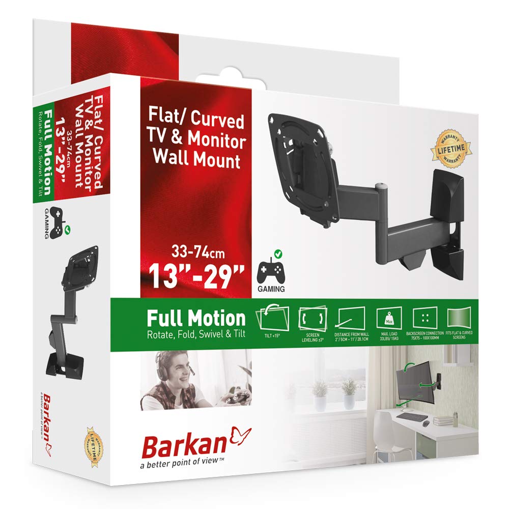 Barkan Tv And Monitor Wall Mount, 13   29 Inch Full Motion Articulating   4 Movement Flat / Curved Screen Bracket, Holds Up To 3