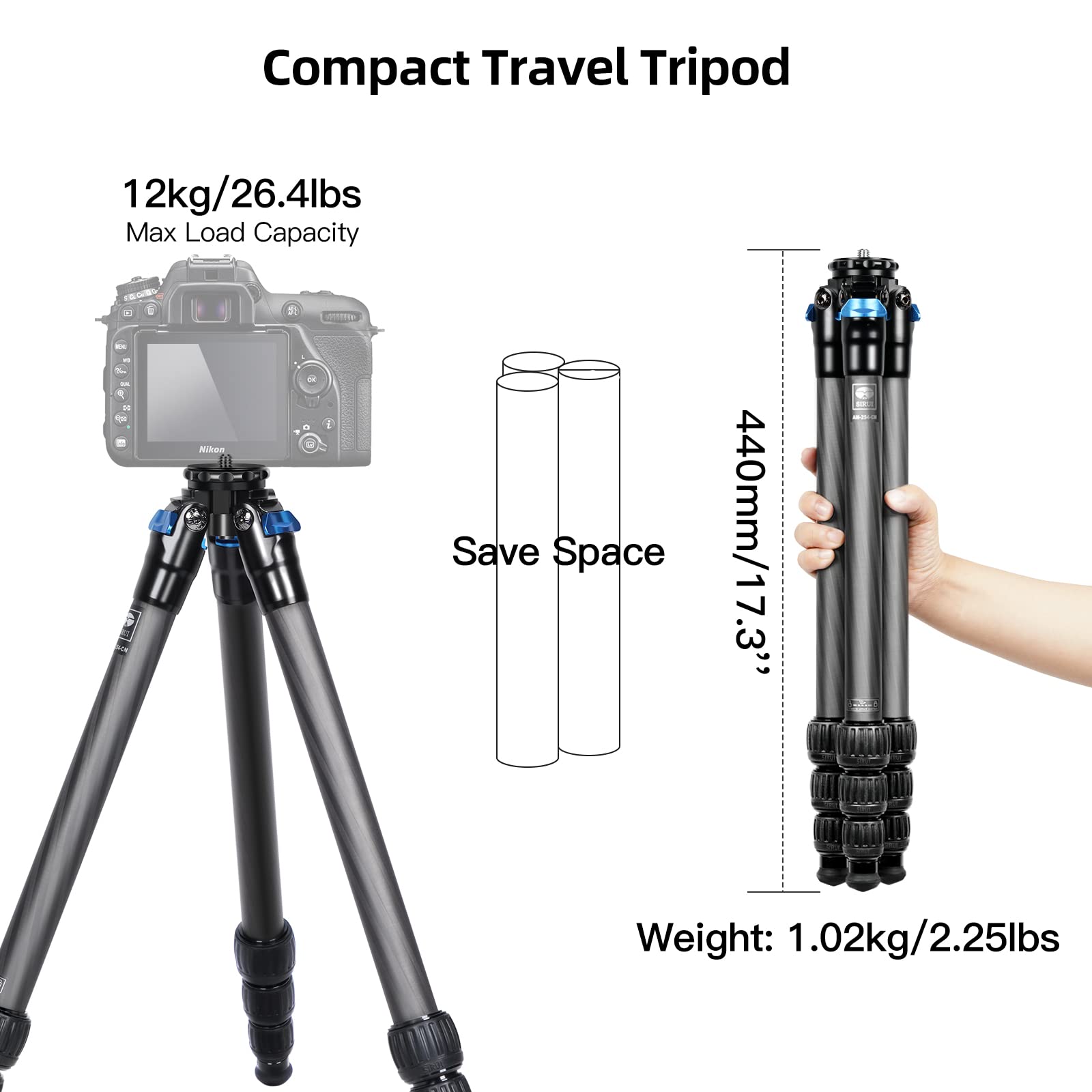 Sirui 47.2 Carbon Fiber Tripod, Lightweight Compact Camera Tripod For Travel, 4-Section Legs, Twist Locks, Detachable Steel Spik